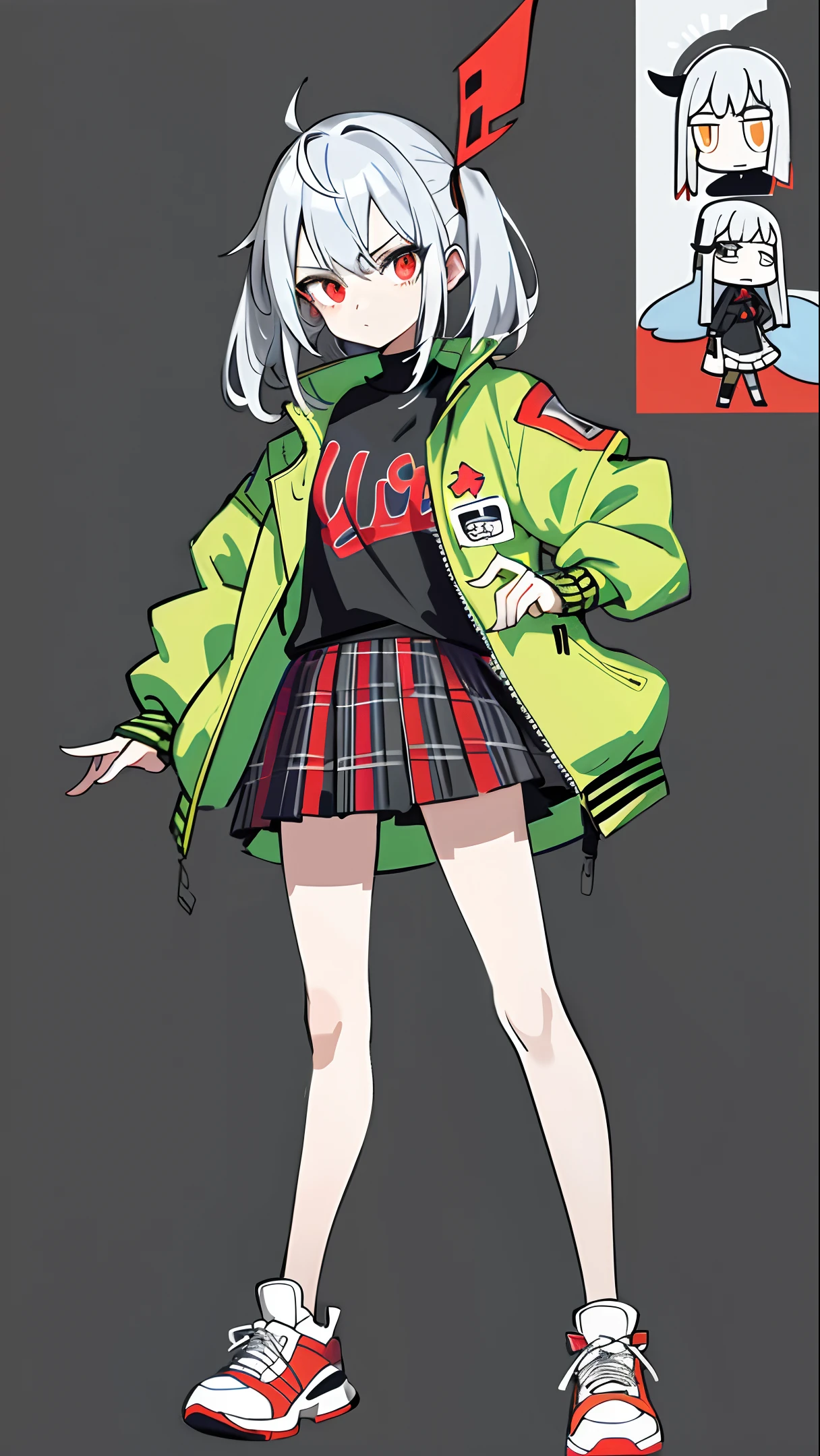 masterpiece, 1girl, standing, full body, no background, simple background, colorful, game art, delicate facial features, cute, slender, small breasts, flat color, neon, silver hair, dark green flight jacket, red plaid skirt, t-shirt, sneakers