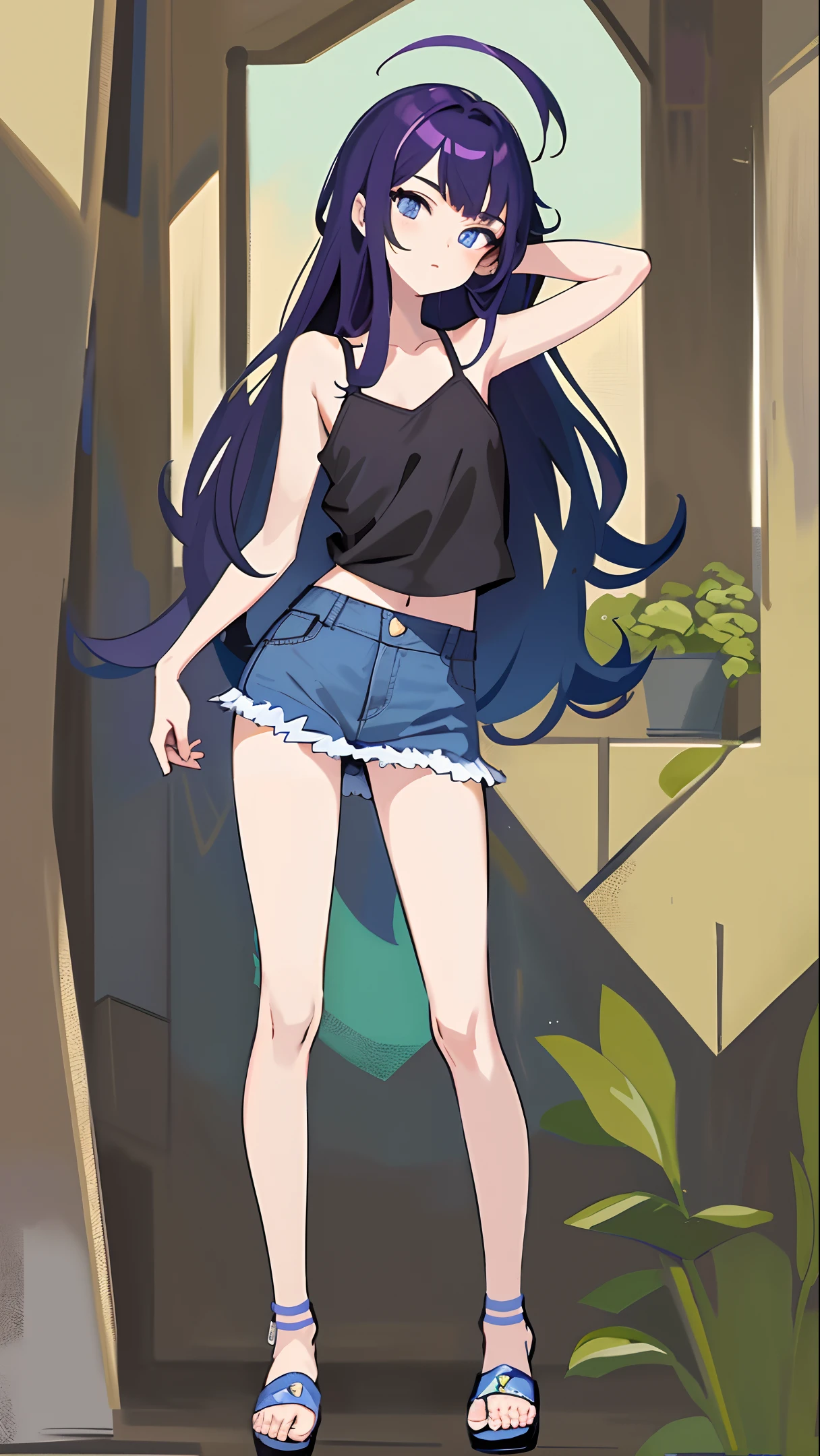 masterpiece, 1girl, standing, full body, no background, simple background, colorful, game art, delicate facial features, cute, slender, small breasts, flat color, neon,  purple camisole, jeans skirt, long hair, blue eyes, sandals