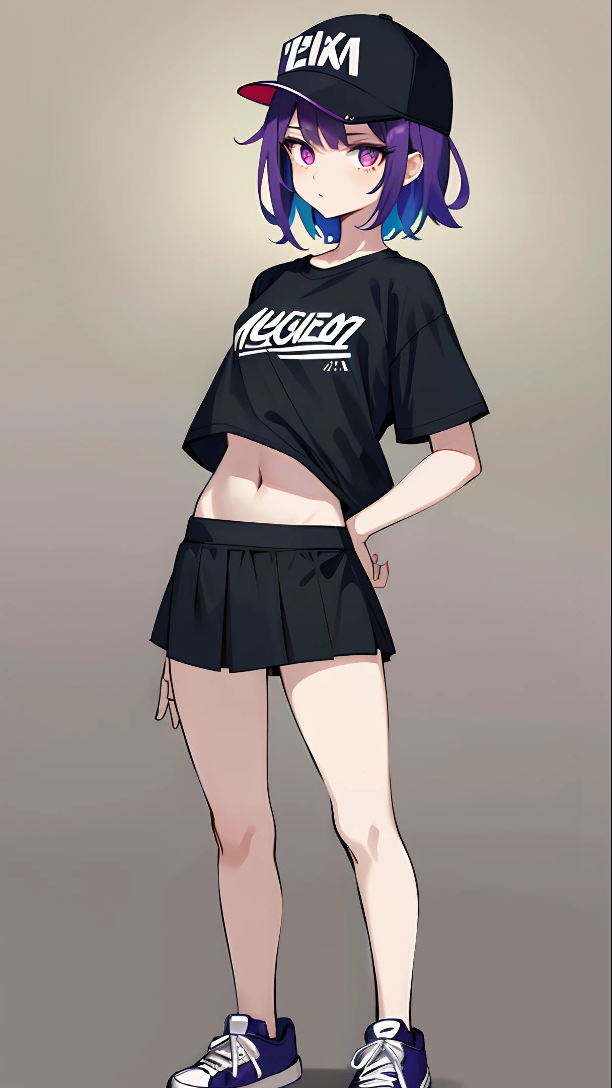 masterpiece, 1girl, standing, full body, no background, simple background, colorful, game art, delicate facial features, cute, slender, small breasts, flat color, neon, baseball cap, fluorescent green t-shirt, black short hair, miniskirt, sneakers, purple eyes
