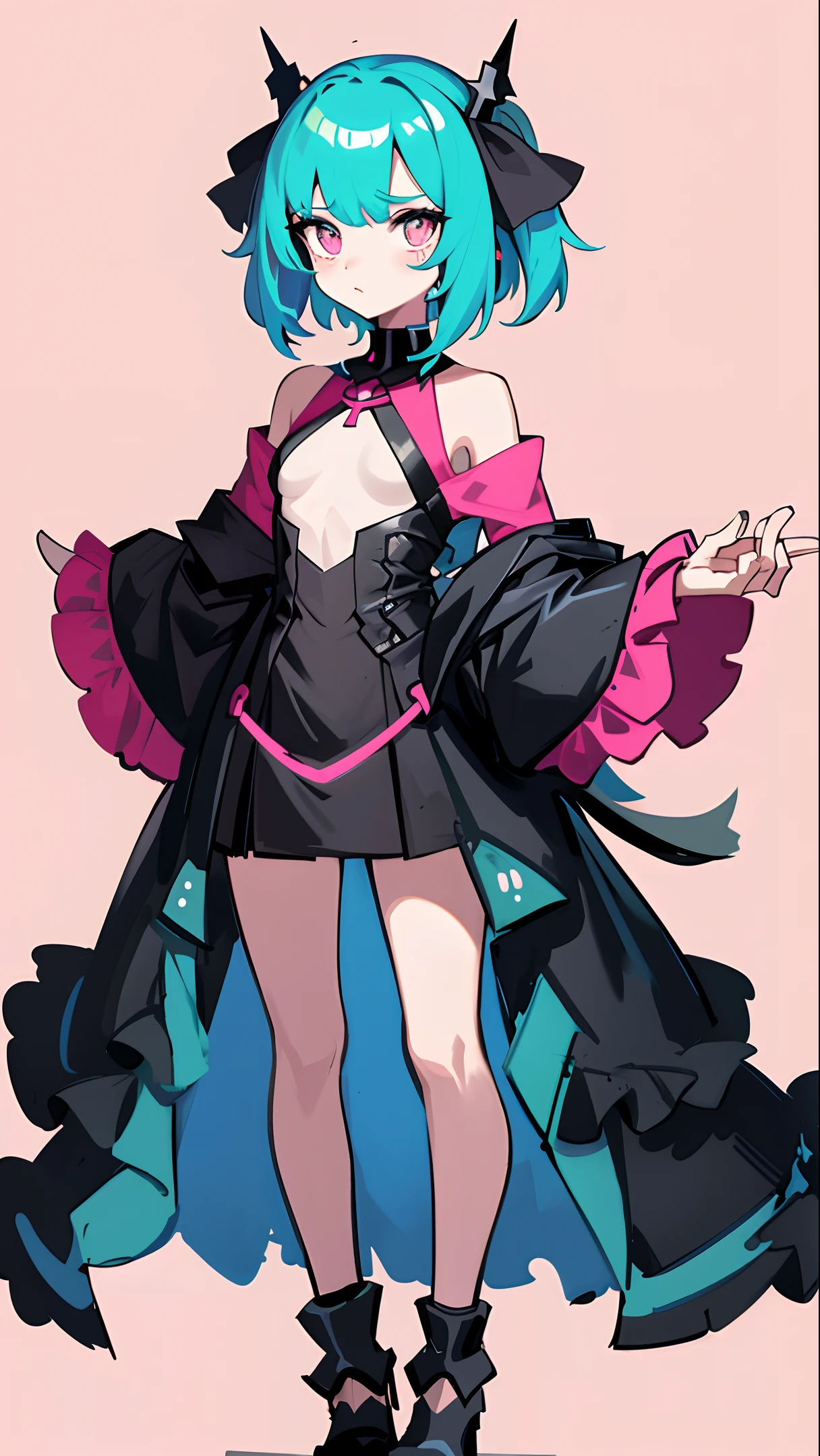 masterpiece, 1girl, standing, full body, no background, simple background, colorful, game art, delicate facial features, cute, slender, small breasts, flat color, neon, off shoulder, pink, cyan