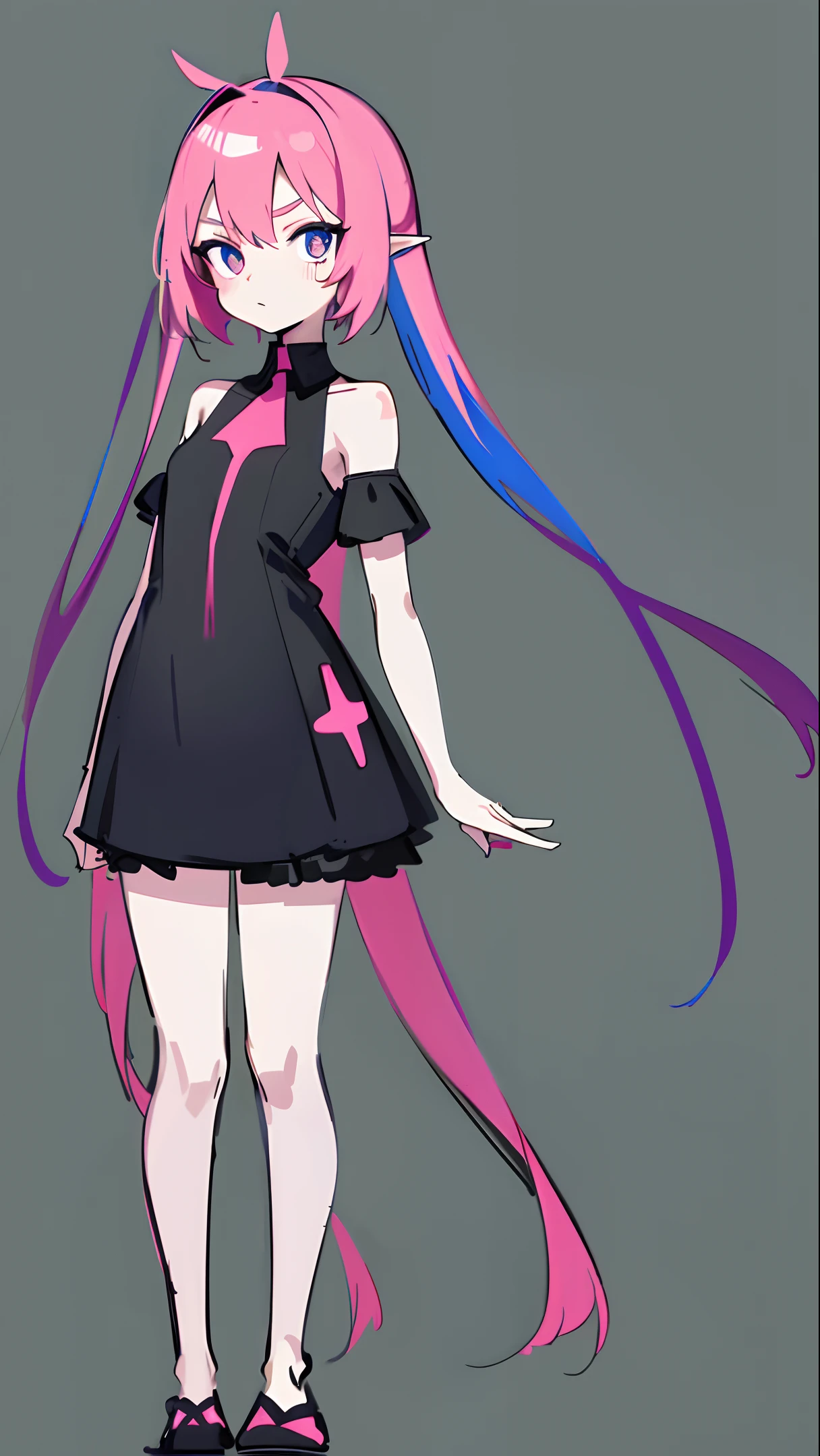 masterpiece, 1girl, standing, full body, no background, simple background, colorful, game art, delicate facial features, cute, slender, small breasts, flat color, neon, cyan single bare shoulder shirt long, pink hair, 