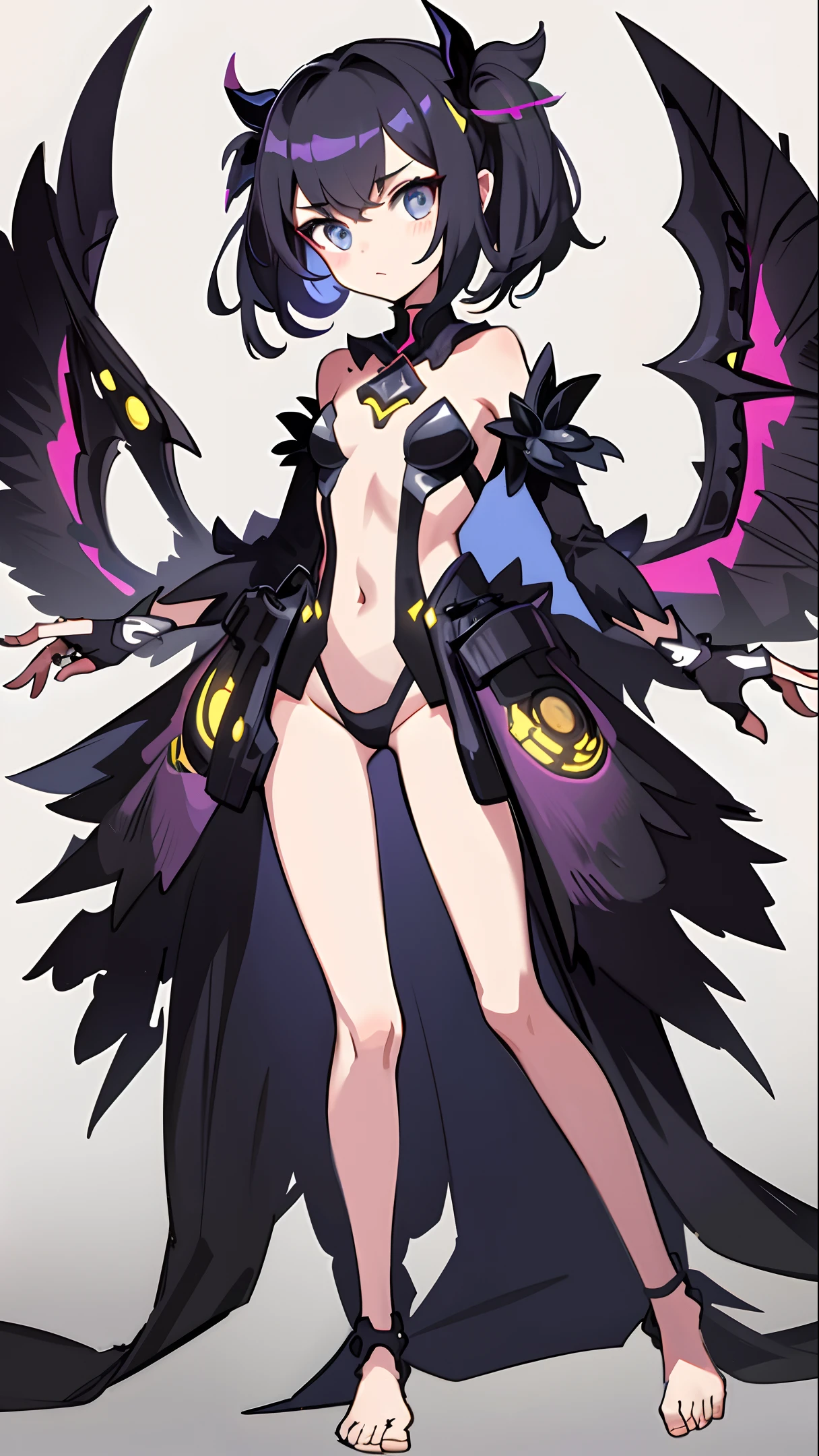 masterpiece, 1girl, standing, full body, no background, simple background, colorful, game art, delicate facial features, cute, slender, small breasts, flat color, neon