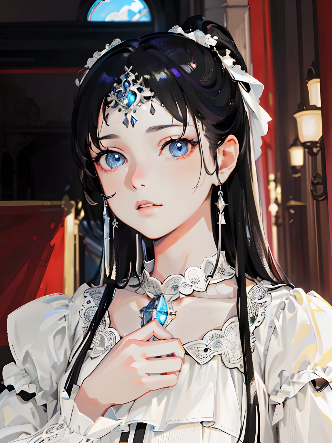 (Masterpiece, Monochrome, Color: 1.0), (Highest Quality: 1.2), (Ultra High Quality: 1.1), Masterpiece, Best Quality, (Very Detailed CG Unity 8k Wallpaper), (HD Details), (Best Illustration), (Best Shading), Realistic Lighting, Costume Girl, Girl Portrait, Satin Dress, Jewelry, Red Lips, Beautiful, Big Eyes,