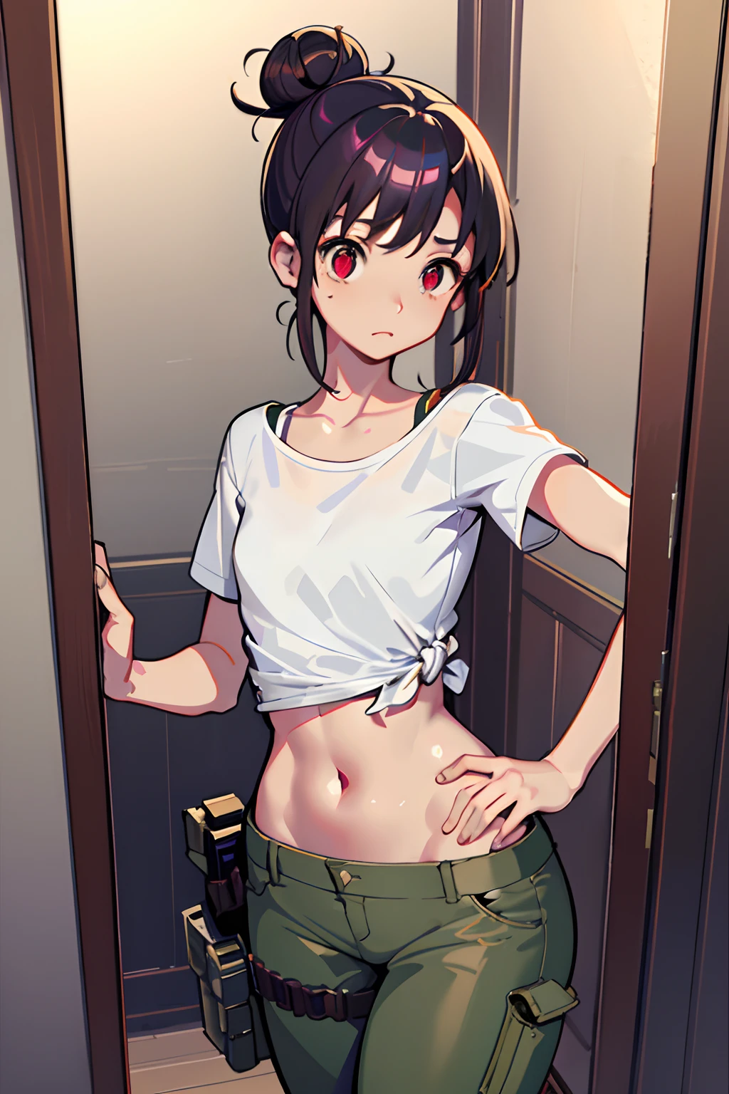 Mediterranean Girl, (clear eyes), (detailed iris), (surprised), (blushing), (scared), mirror, wartorn bathroom, (dark hair), (messy bun), (vibrant eyes), (red eyes), (tonned skin), (subtle tan), (olive skin), (delicate features), (T-shirt), (small chest), (large hips), (green military pants), (military holster), (thick thighs), (thin waist). Tatsuya Endo, Greg Rutkowski, Pixiv, Artstation