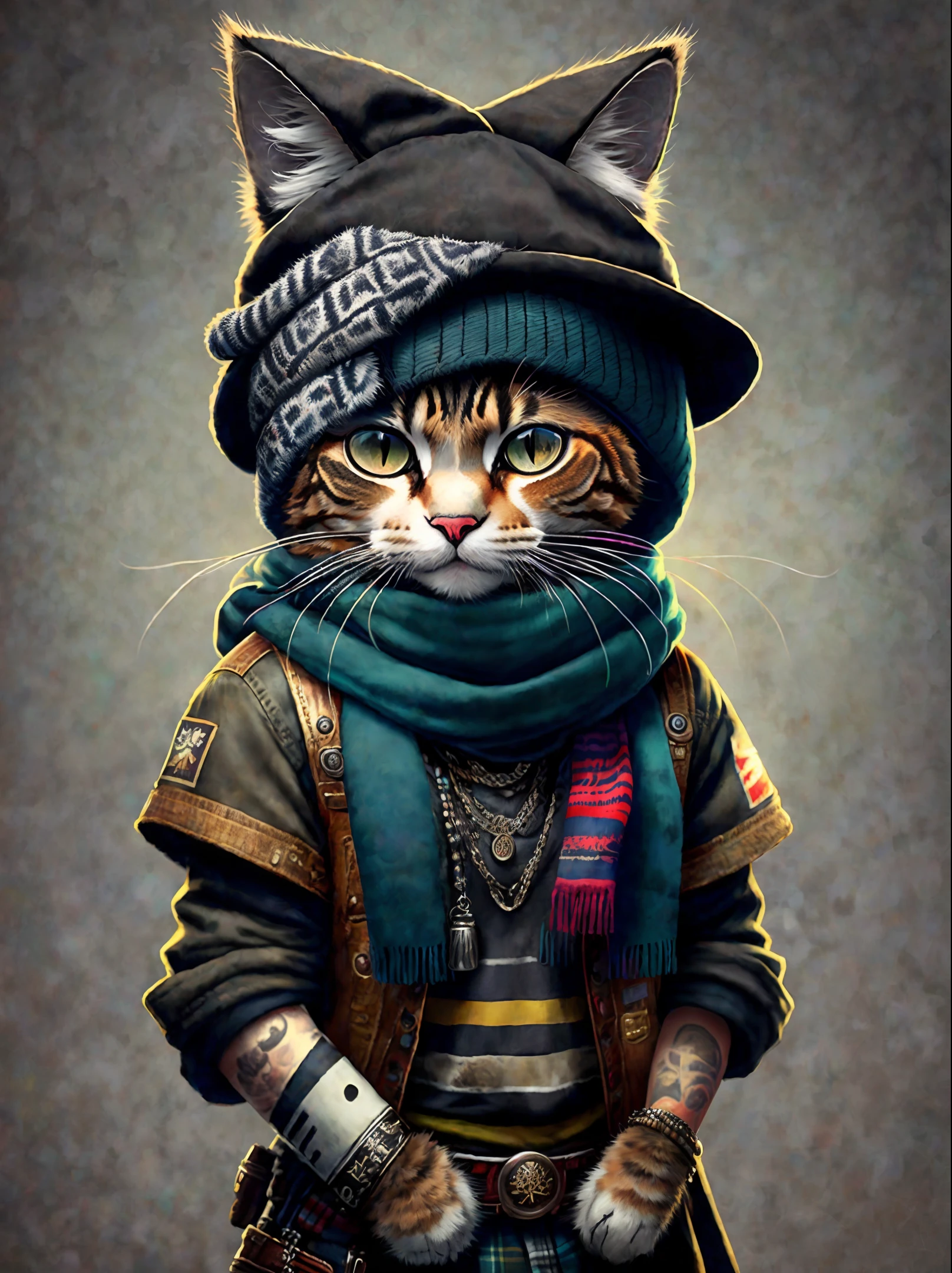 image of a cat in a hat and scarf, art station trend, dressed in punk clothes, hyper realistic detailed rendering, British gang member, urban style, intimidating pose, planet of cats, fashion clothes, urban samurai, meow, West Slavic traits, 8 1 5