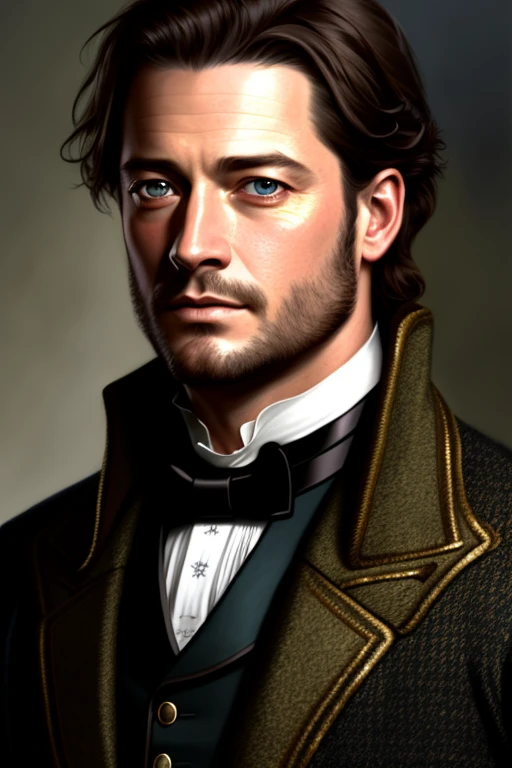 portrait of a rugged 19th century Brendan Fraser with mutton chops in a jacket, victorian, concept art, detailed face, fantasy, close up face, highly detailed, cinematic lighting, digital art painting by greg rutkowski highly detailed, artstation, smooth, highest quality, detailed background