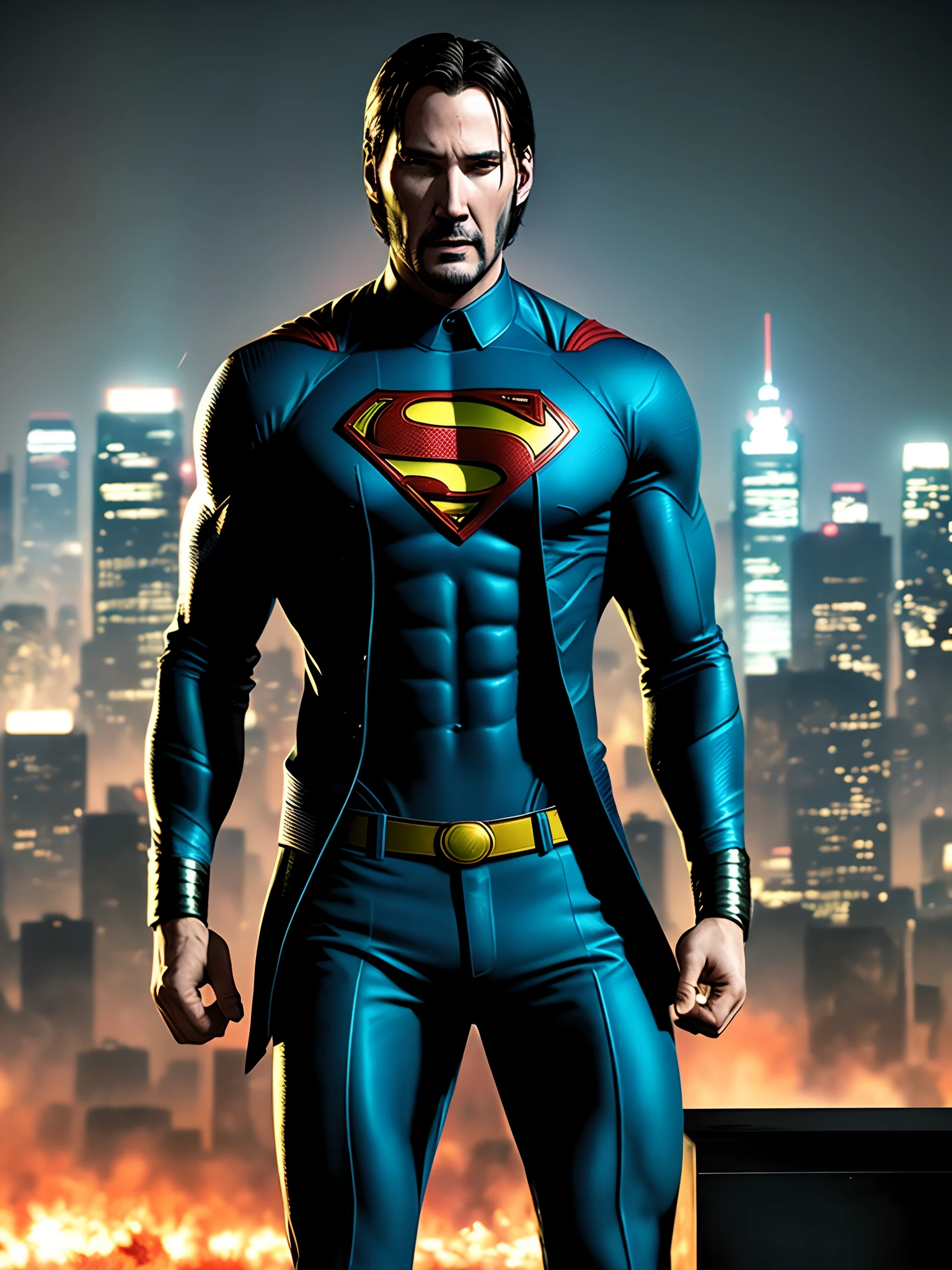 (aesthetic, comic book style),(high saturation),(dynamic pose),(1 man), Superman cosplay, John Wick, holding machine gun, intense look, city skyline background:0.9, smoke, dramatic lighting, cinematic vibes.