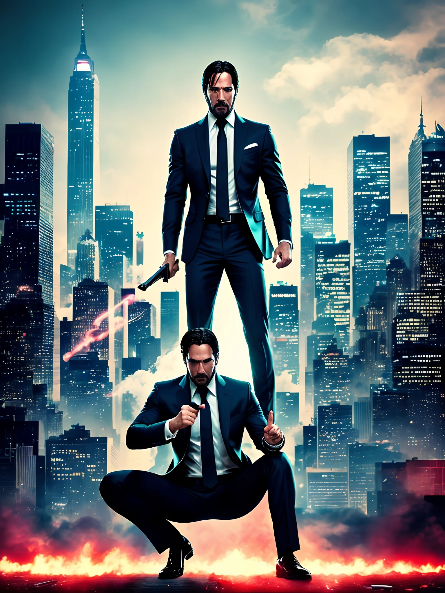 (aesthetic, comic book style),(high saturation),(dynamic pose),(1 man), Superman cosplay, John Wick, holding machine gun, intense look, city skyline background:0.9, smoke, dramatic lighting, cinematic vibes.