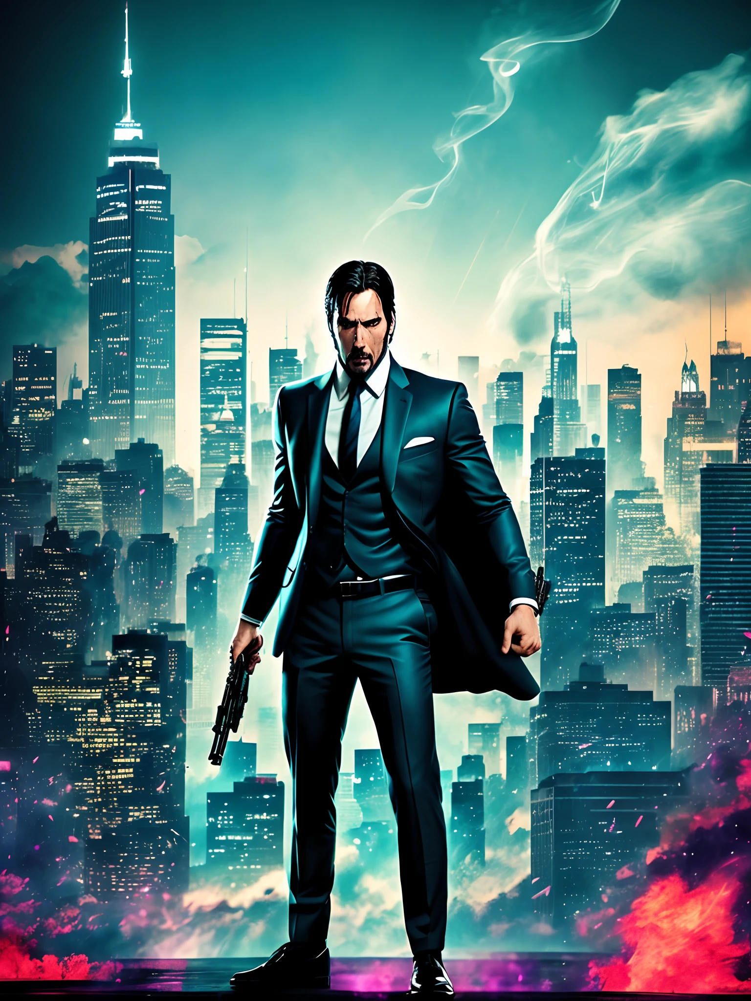 (aesthetic, comic book style),(high saturation),(dynamic pose),(1 man), Superman cosplay, John Wick, holding machine gun, intense look, city skyline background:0.9, smoke, dramatic lighting, cinematic vibes.