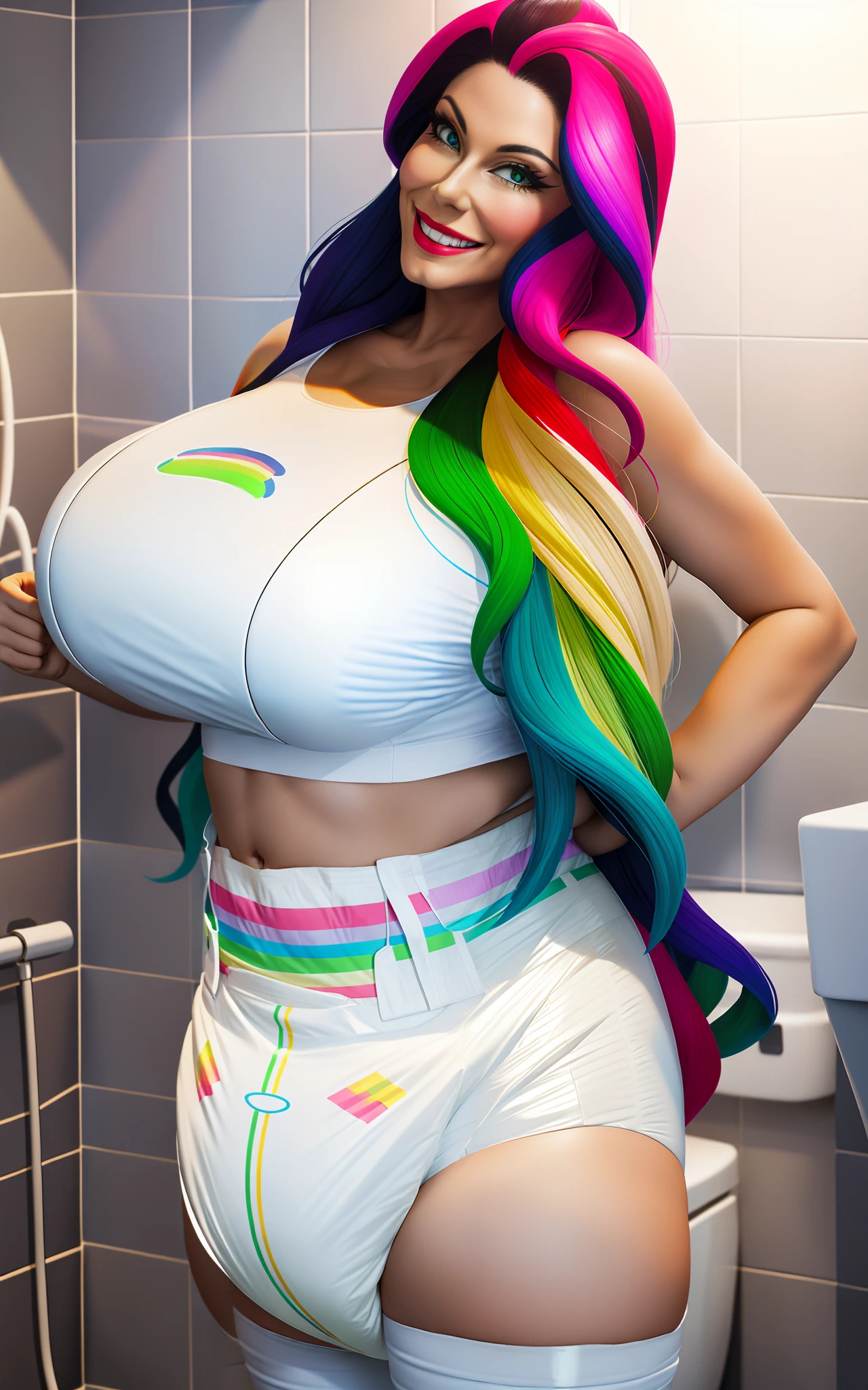 high quality, busty woman wearing a thick diaper, latex rubber catsuit, raimbow hair, woman, detailed face, long hair, smiling, in a bathroom, soft lighting