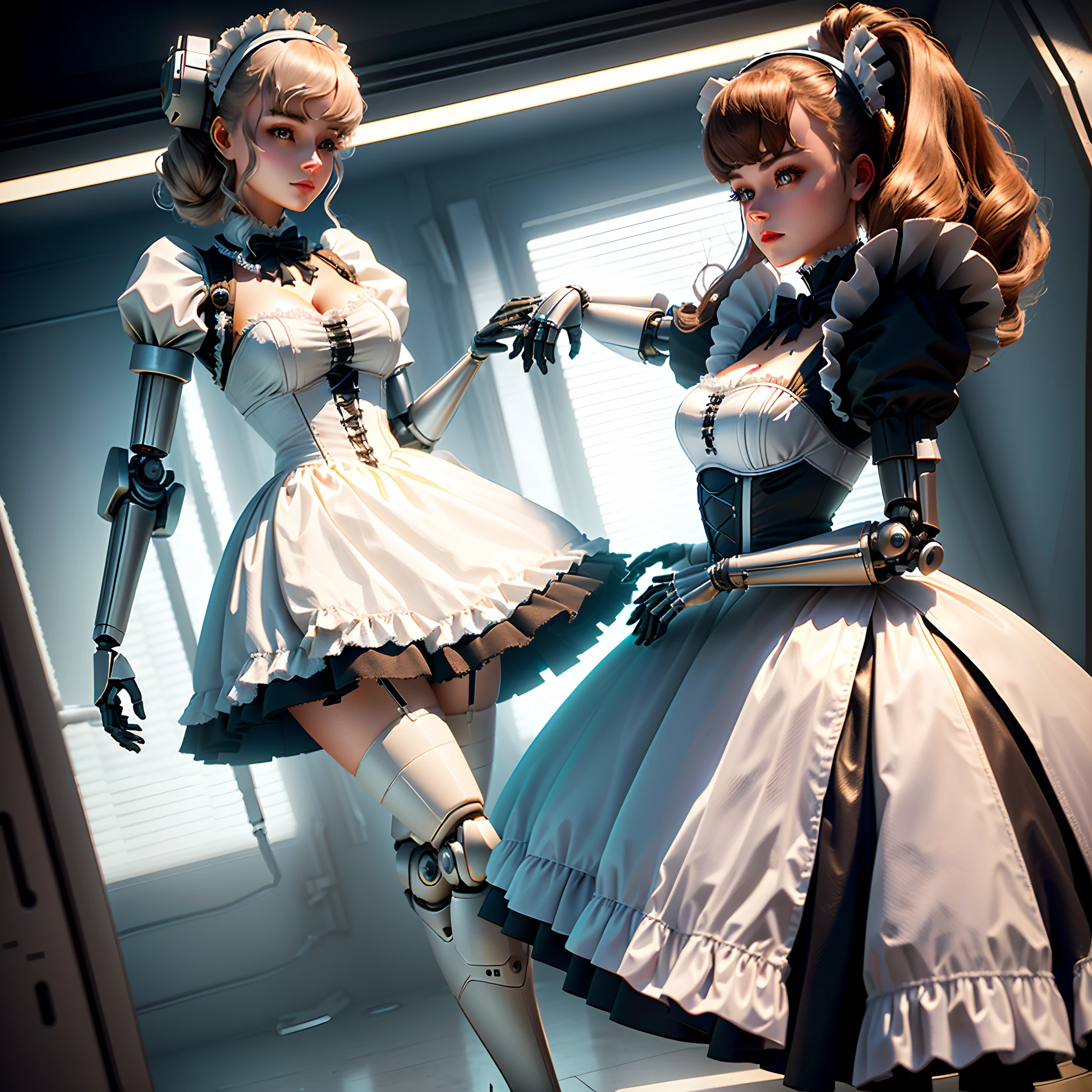 robot maid with the head and chest of a young woman wearing a french maid outfit, robot arms and legs, mechanical elbows and knees, 3D render