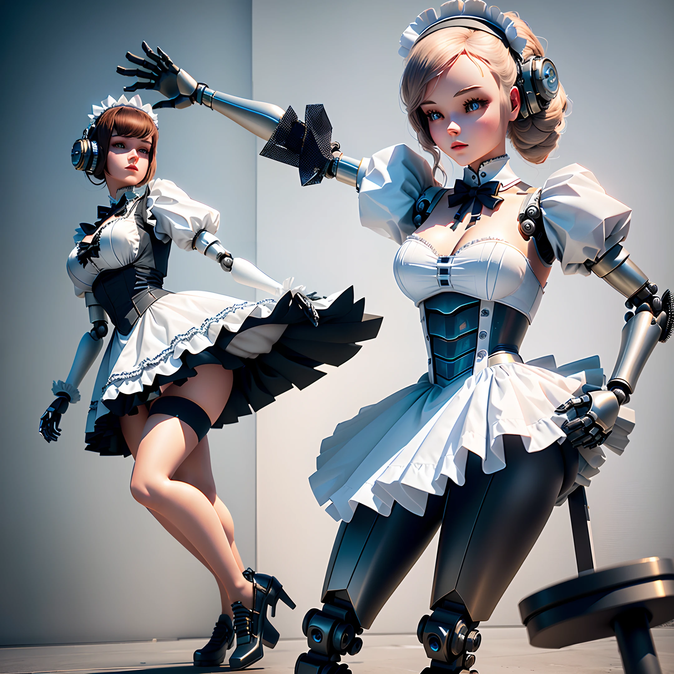 robot maid with the head and chest of a young woman wearing a french maid outfit, robot arms and legs, mechanical elbows and knees, 3D render