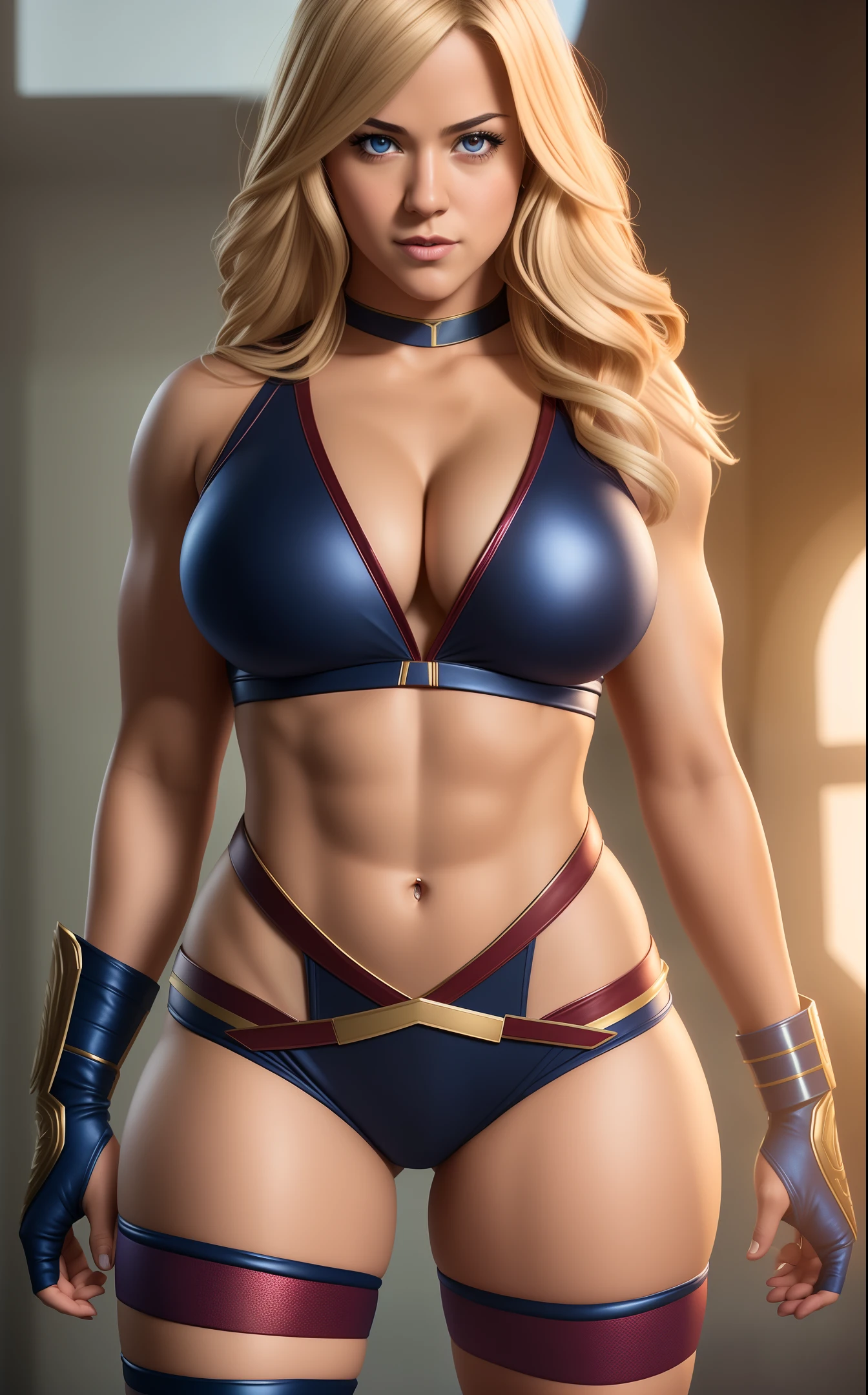 photo of ms marvel, 1 girl, solo, full body, photorealistic, masterpiece,
detailed vivid eyes, sexy lips, blonde hair,
sexy costume, sexy abs,
big attractive feminine body, sexy muscle, big boobs, cleavage, thick thighs, big butt,
4k, HDR, Realistic photo, realistic texture.