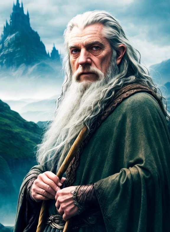 Modelshoot style, (very detailed 8k wallpaper), Gandalf actor panorama, intricate, high detail, drama, fantasy world, fantasy locations, skin pores, very dark light, thick shadows, detailed, detailed faces, (vibrant, photorealistic, realistic, dramatic, dark colors, sharp focus, 8k), lotr, distant, far away,