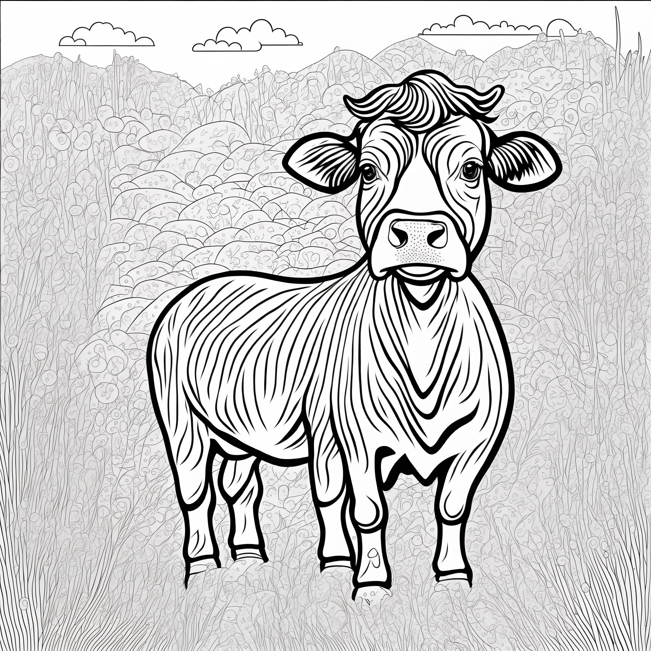 COLR_001 drawing of an adorable cow for coloring, full body, black and white background, fine lines