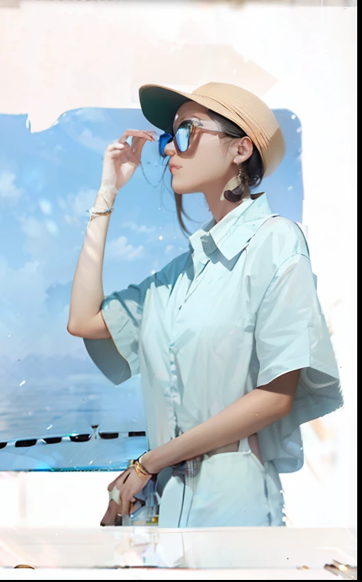 Ultra-realistic, high-resolution CG artwork of a person wearing sunglasses. The image features a dynamic angle and emphasizes the details of the sunglasses, including the reflections and the texture of the frame