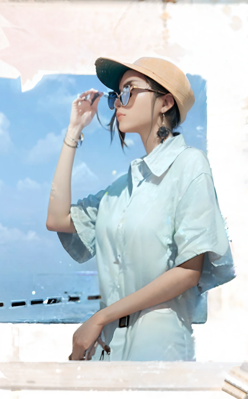 Ultra-realistic, high-resolution CG art by people who wear sunglasses. The image uses a dynamic angle that emphasizes the details of the sunglasses, including the reflection and texture of the frame; the background is solid, with shades of yellow