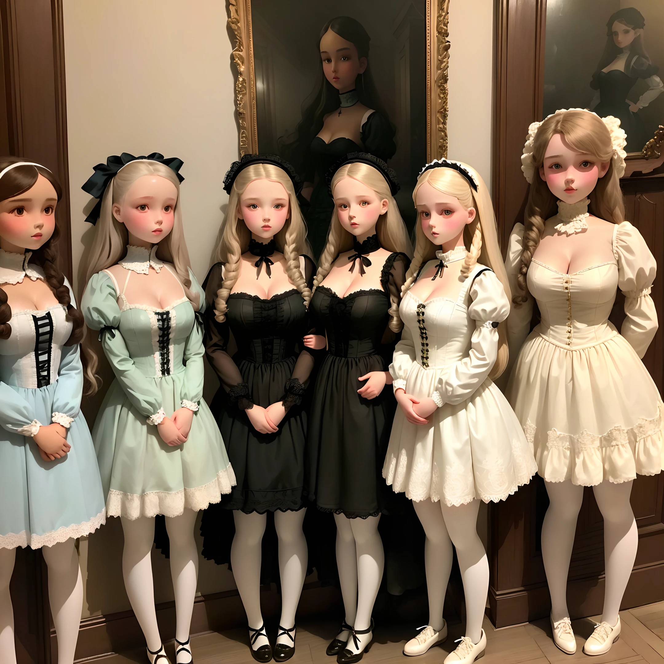 human sized dolls, look eighteen years old, lined up on display against a wall, in a mansion, cleavage, short skirts, wearing doll clothing, wearing doll makeup