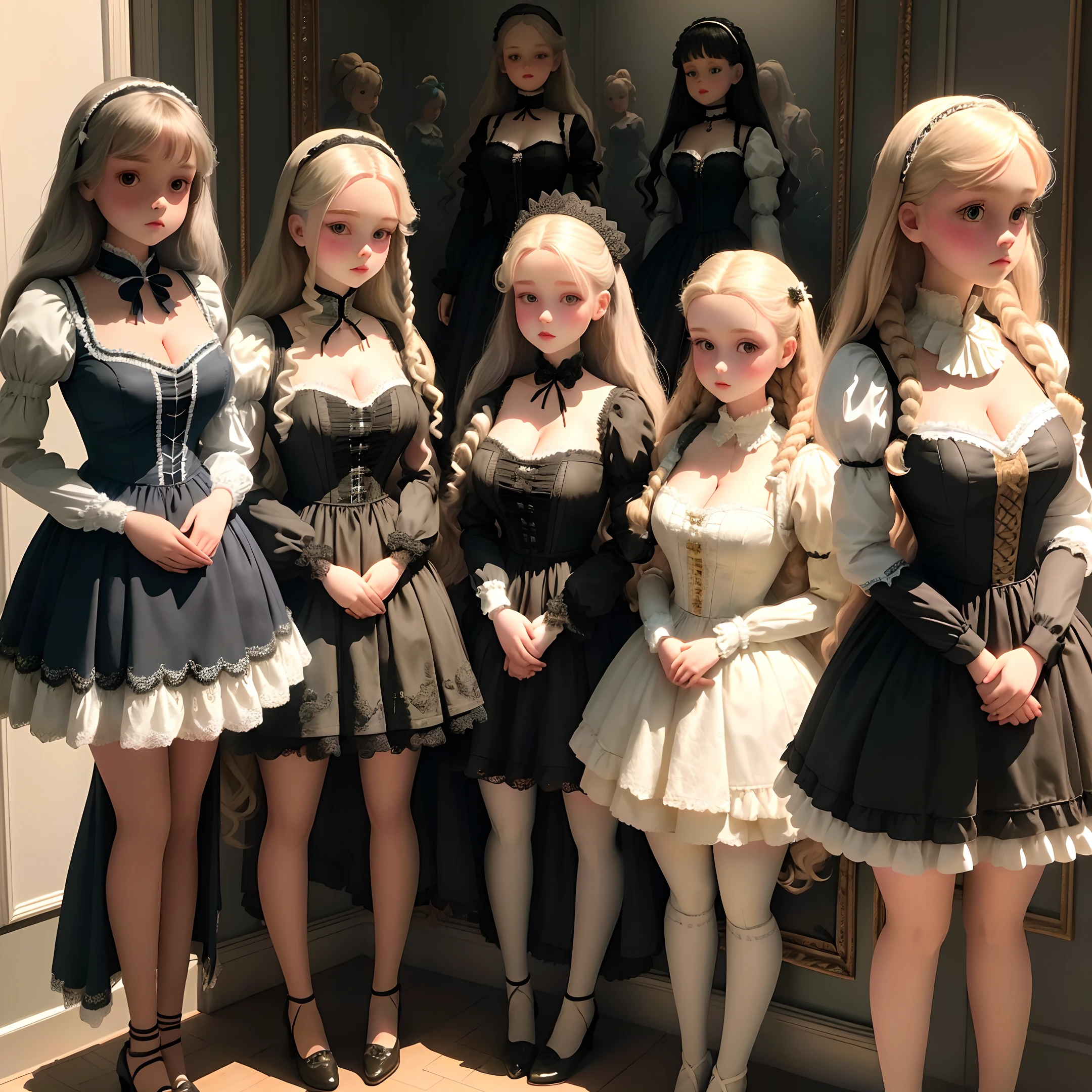 human sized dolls, look eighteen years old, lined up on display against a wall, in a mansion, cleavage, short skirts, wearing doll clothing, wearing doll makeup 