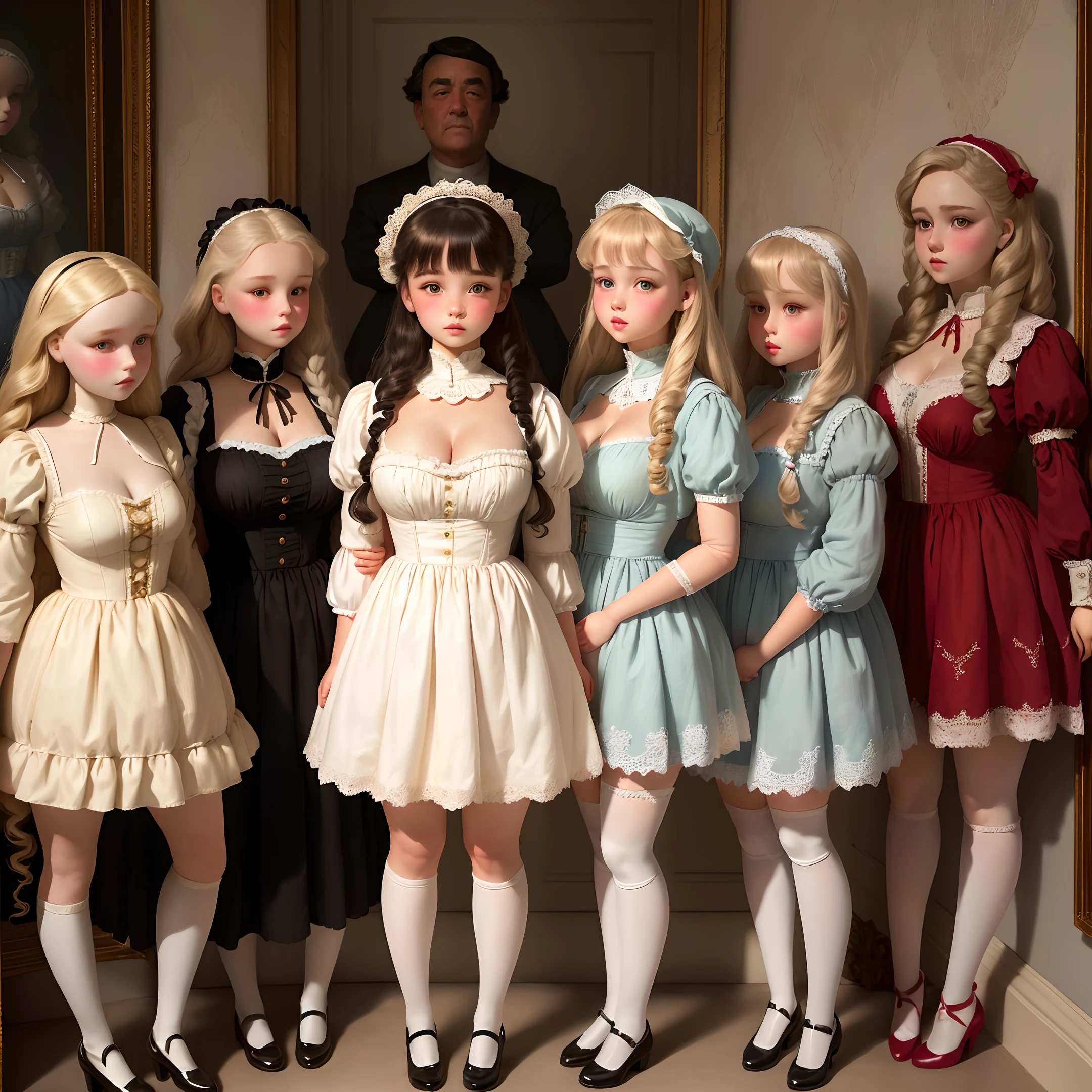 human sized dolls looking eighteen years , lined up on display against a wall, in a mansion, cleavage, short skirts, wearing doll clothing, wearing doll makeup, fine details, realistic noses, beautiful eyes, realistic faces, some are very beautiful, others are very cute, an older man looks on, he admires the dolls