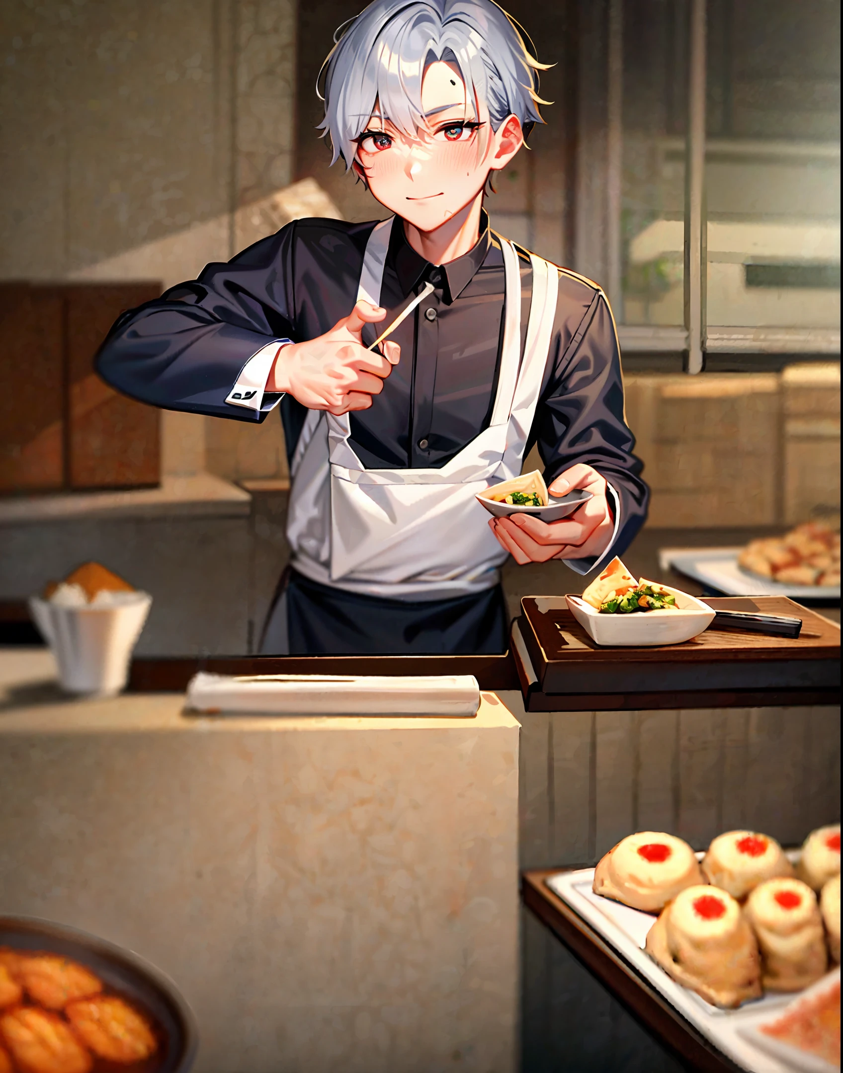 The waiter cooks gyoza