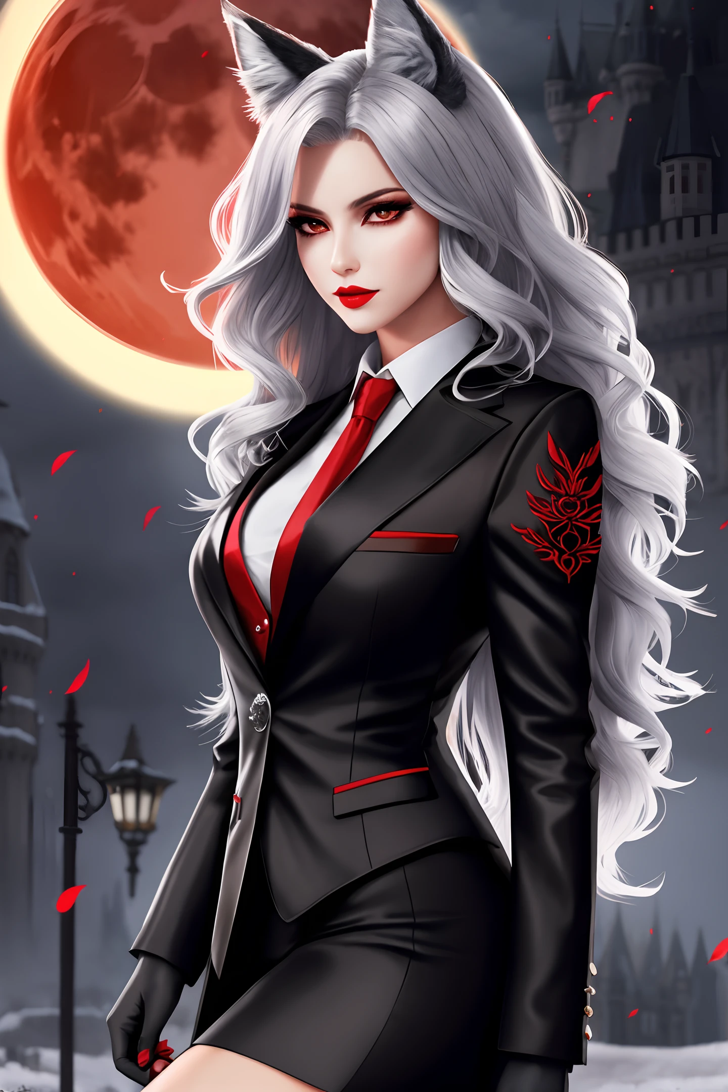 "Photography style of model, incredibly detailed CG Unity 8k wallpaper, beautiful woman with a touch of werewolf, furry with a sharp suit, red tie, red lips, silver hair, wolf ears, wolf tail, blood moon, castle, black night. Full body shot, looking straight at the viewer, sexy and powerful."