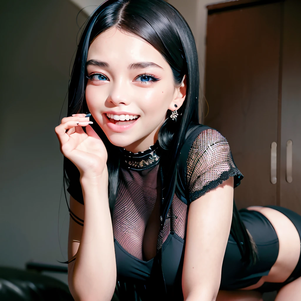 A 22-year-old girl with clear blue eyes, long eyelashes, straight black hair, and dimples when she laughs, and looks very iconic