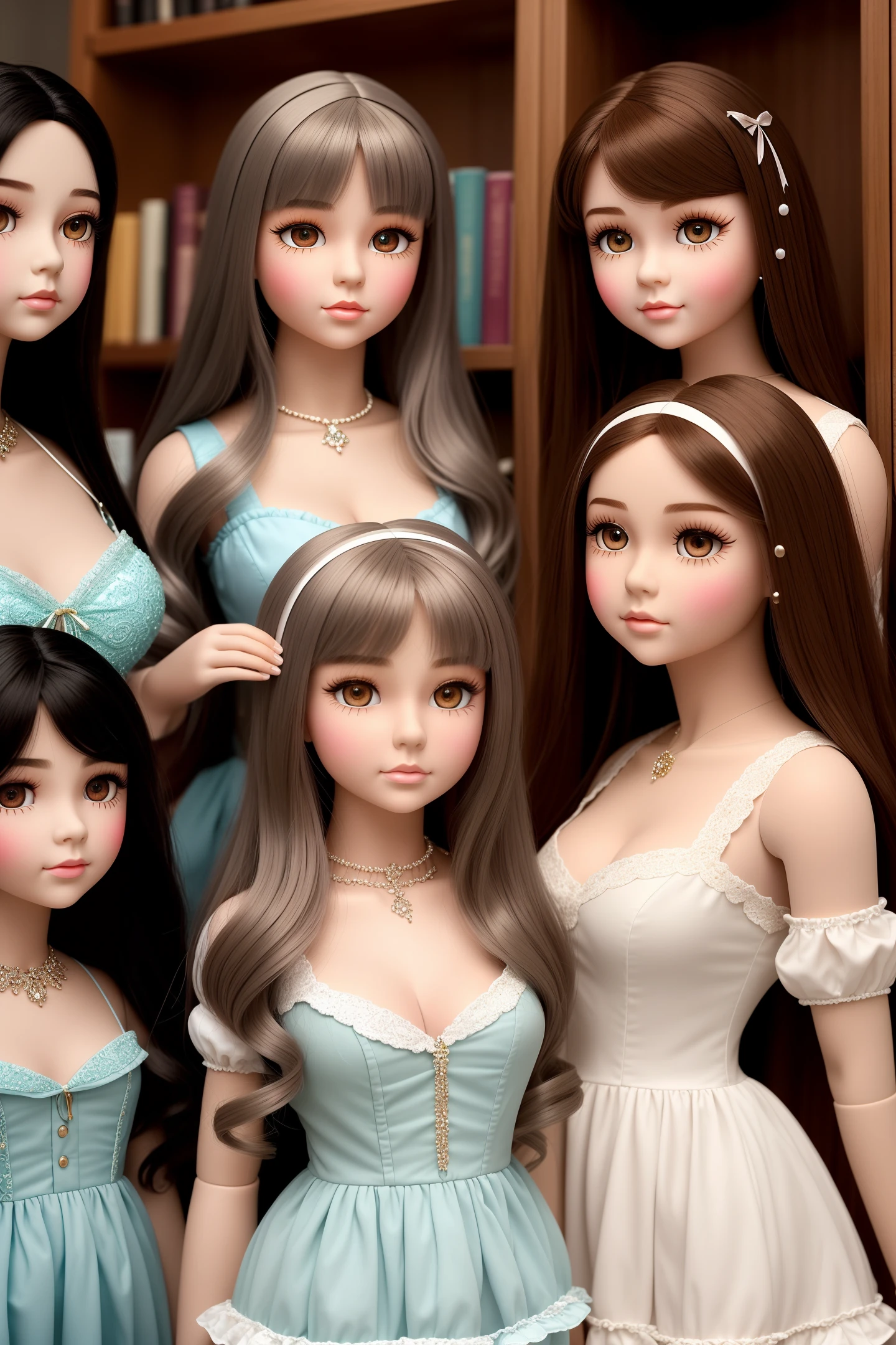 An older man admires his collection of human sized dolls looking eighteen years old, lined up on display against a wall in front of a bookcase, in a mansion, cleavage, short skirts, wearing doll clothing, wearing doll makeup, fine details, realistic noses, beautiful eyes, realistic faces, blank expressions, looking straight ahead, a range of hair colors including red, masterpiece,best quality,{beautiful detailed girls},beautiful detailed glow,rain,detailed lighting,(beautiful detailed eyes:1.1)