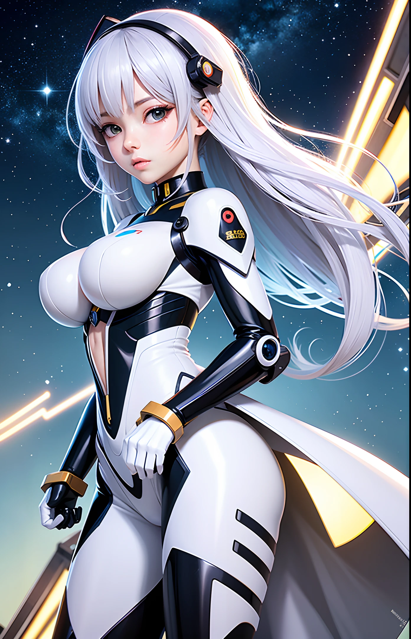 A beautiful anime girl in a futuristic mecha suit, with a delicate angelic face and devilish curves, shines brightly in the realistic lighting of a movie shot by Canon 5D.