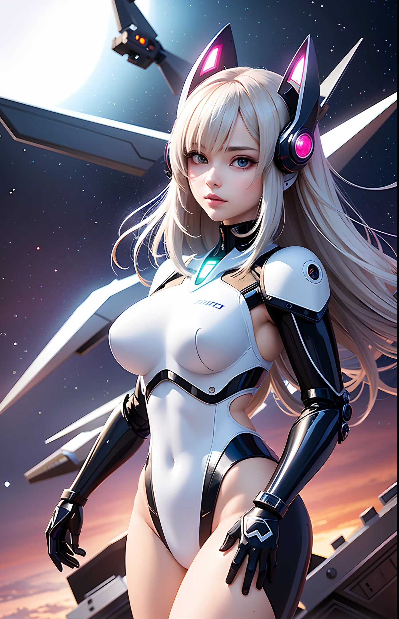 A beautiful anime girl in a sexy futuristic mecha suit with the quality of a surrealist masterpiece. She has a delicate angelic face and devilish curves that shine in realistic lighting, just like a Canon 5D movie.