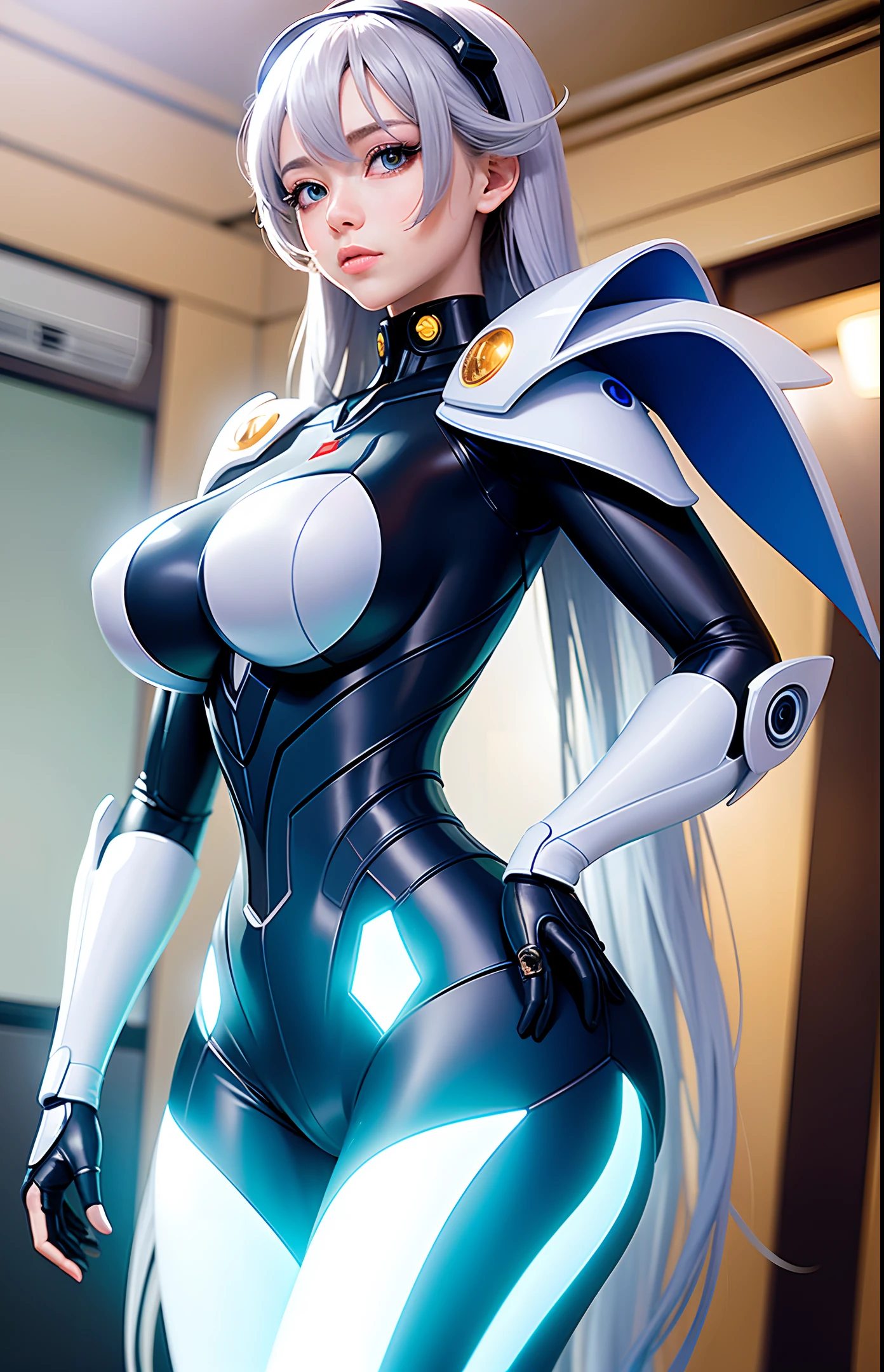 A beautiful anime girl in a futuristic and sexy mecha suit with the quality of a surrealist masterpiece. She has a delicate angelic face and devilish curves, and shines in realistic lighting like a Canon 5D movie.