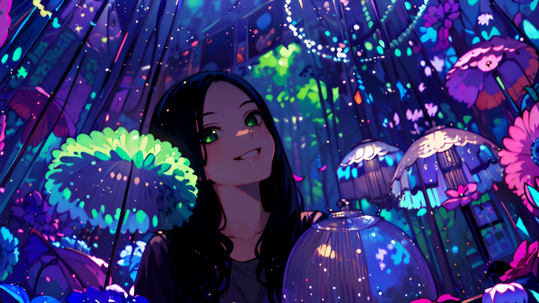 (((masterpiece))),(((best quality))),(((extremely detailed))),illustration, 1 girl,solo,mysterious,vivid color,shiny, long hair, green T-shirt, smiling, fantastic, 
