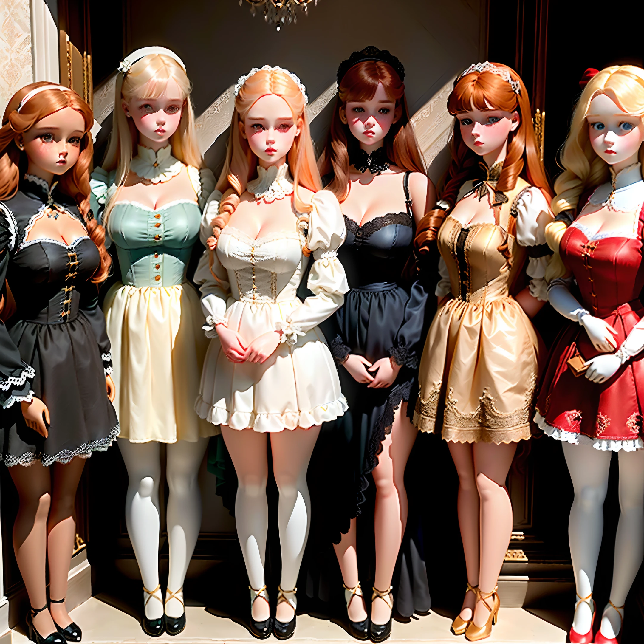 a collection of human sized dolls looking eighteen years old, lined up on display against a wall, in a mansion, cleavage, short skirts, wearing doll clothing, wearing doll makeup, fine details, realistic noses, beautiful eyes, realistic faces, blank expressions, looking straight ahead, blonde hair, brown hair, black hair, red hair