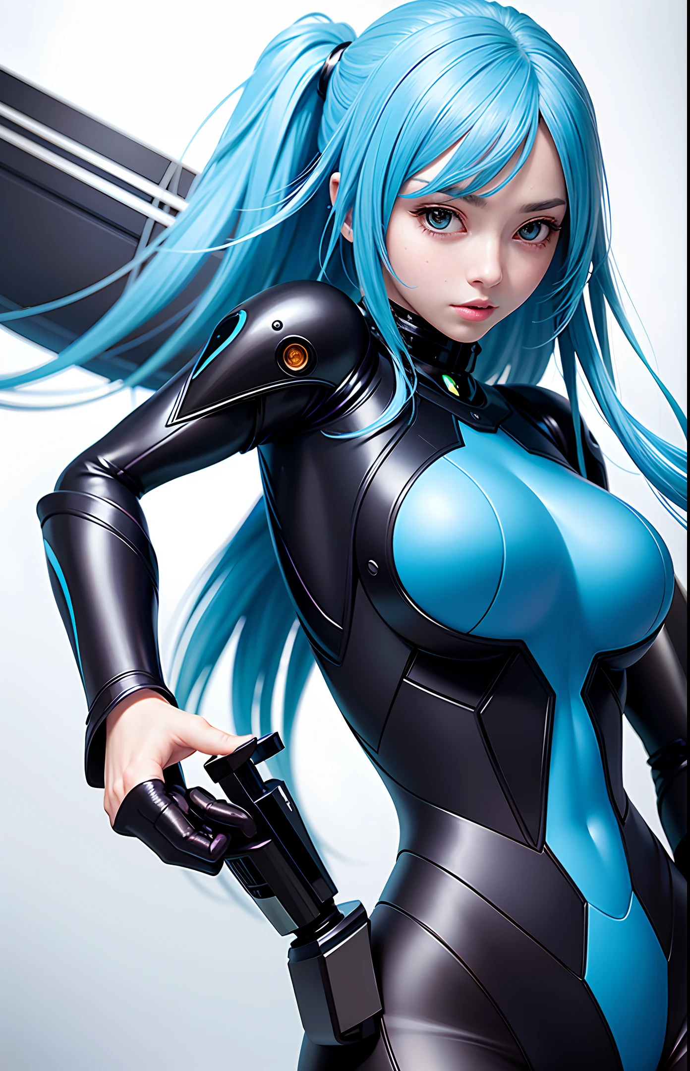 A beautiful anime girl in a sexy futuristic mecha suit with the quality of a surrealist masterpiece. She has a delicate angelic face and devilish curves that shine in realistic lighting, just like a Canon 5D movie.