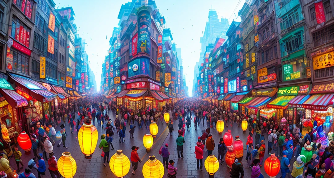 Scene design, bustling ancient streets, snack shops, floats, lanterns, dancing dancers, crowds, colorful lights, running kids, dazzling lights, rich details, ultra-precise portrayal details, high detail, Tyndall effect, panorama, depth of field, 8K, artstation, artist Greg Rutkowski, Ruan JIA,