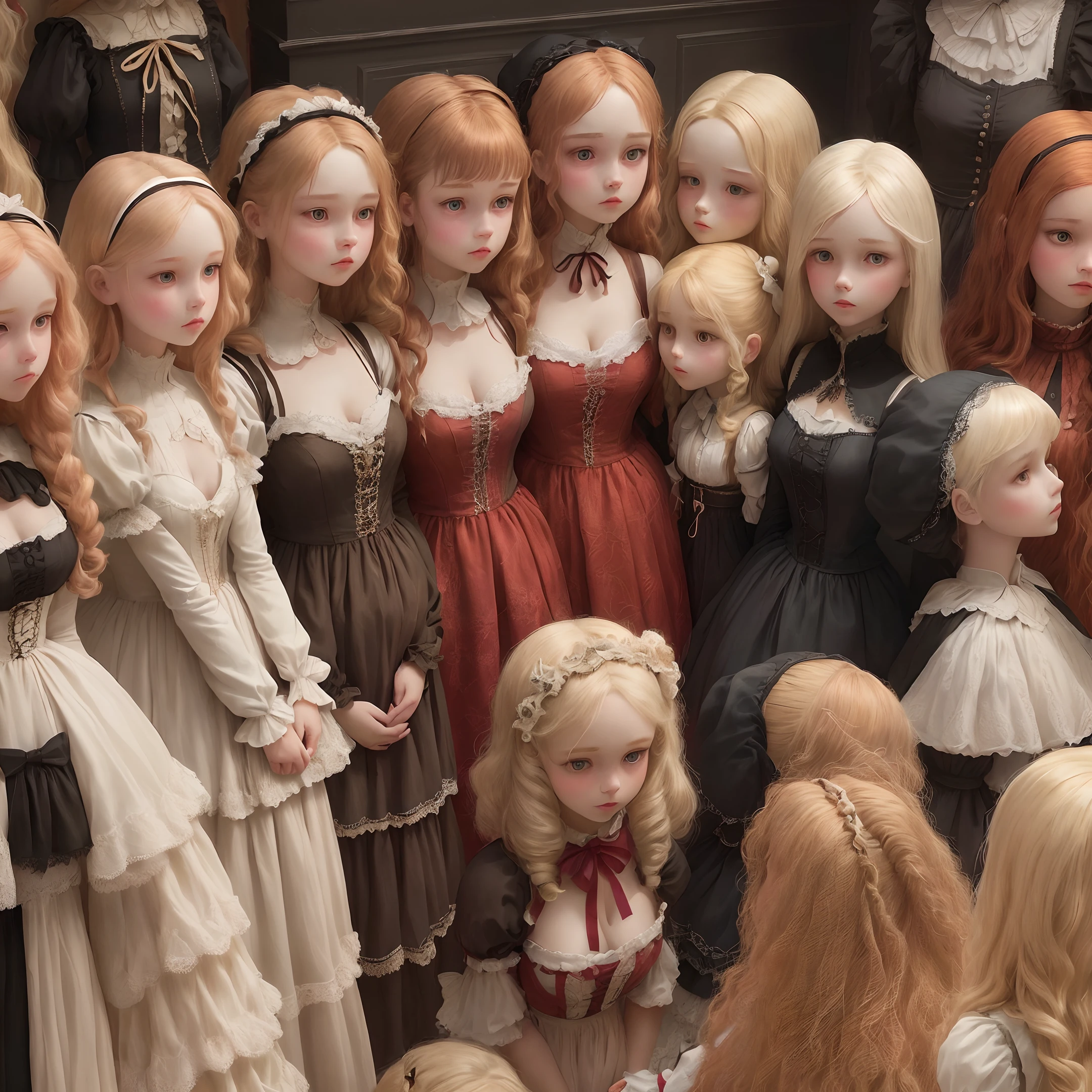 a collection of human sized dolls looking eighteen years old, lined up on display against a wall, in a mansion, cleavage, short skirts, wearing doll clothing, wearing doll makeup, fine details, realistic noses, beautiful eyes, realistic faces, blank expressions, looking straight ahead, blonde hair, brown hair, black hair, red hair