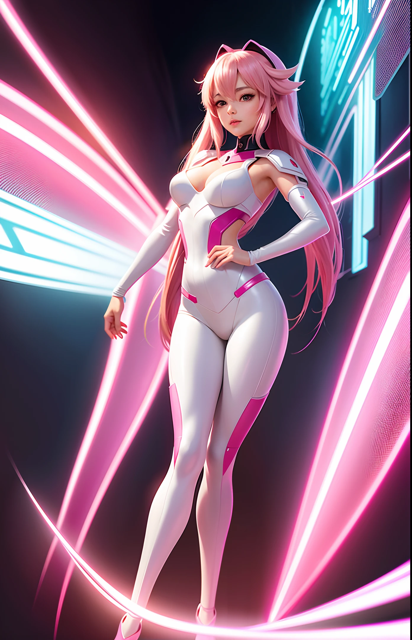 A beautiful anime girl in a pink futuristic mecha suit with the quality of a surrealist masterpiece. She has a delicate angelic face and devilish curves that shine in realistic lighting, just like a Canon 5D movie.