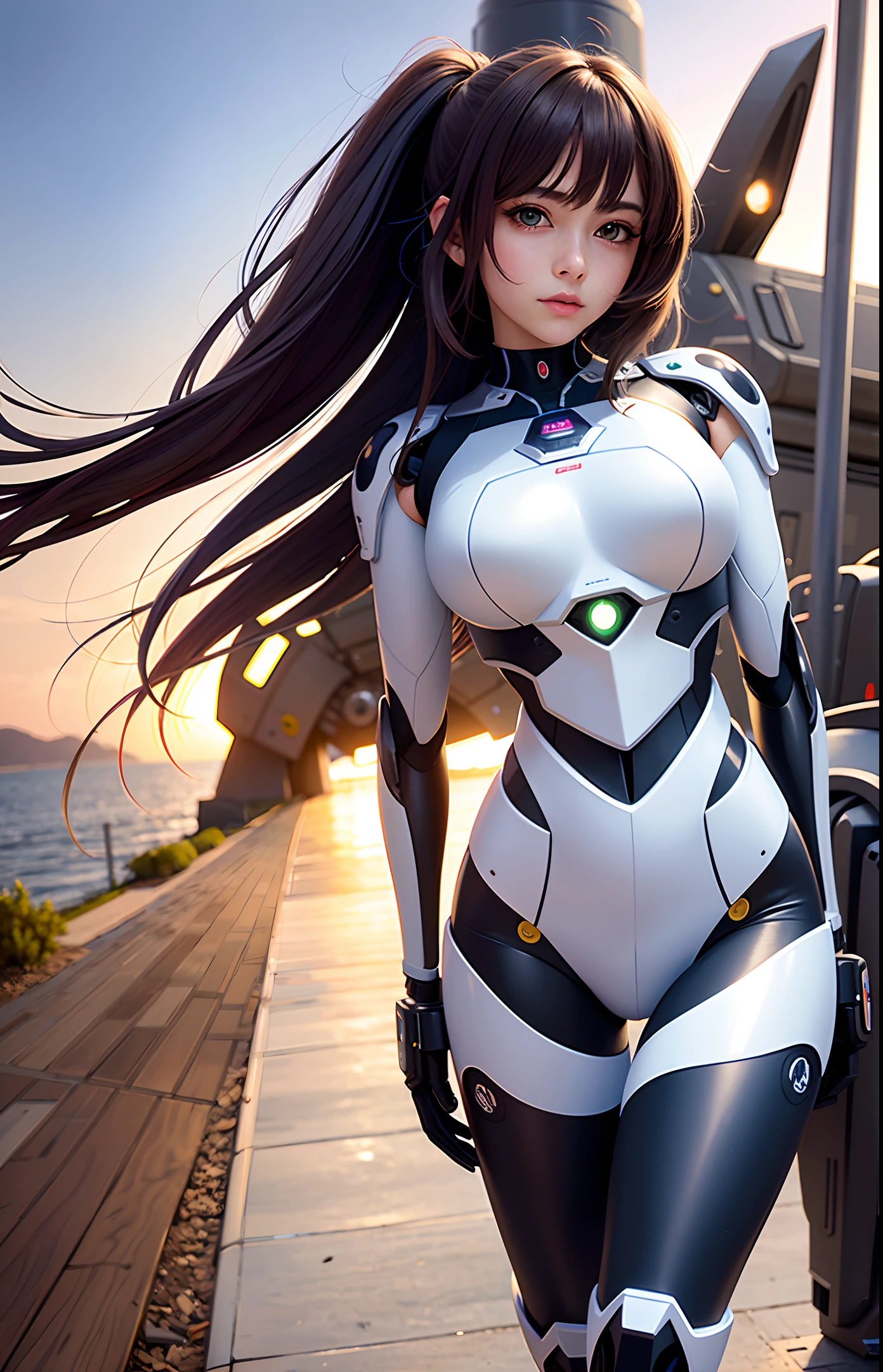 A beautiful anime girl in a futuristic mecha suit with the quality of a surrealist masterpiece. She has a delicate angelic face and devilish curves that shine in realistic lighting, just like a Canon 5D movie.