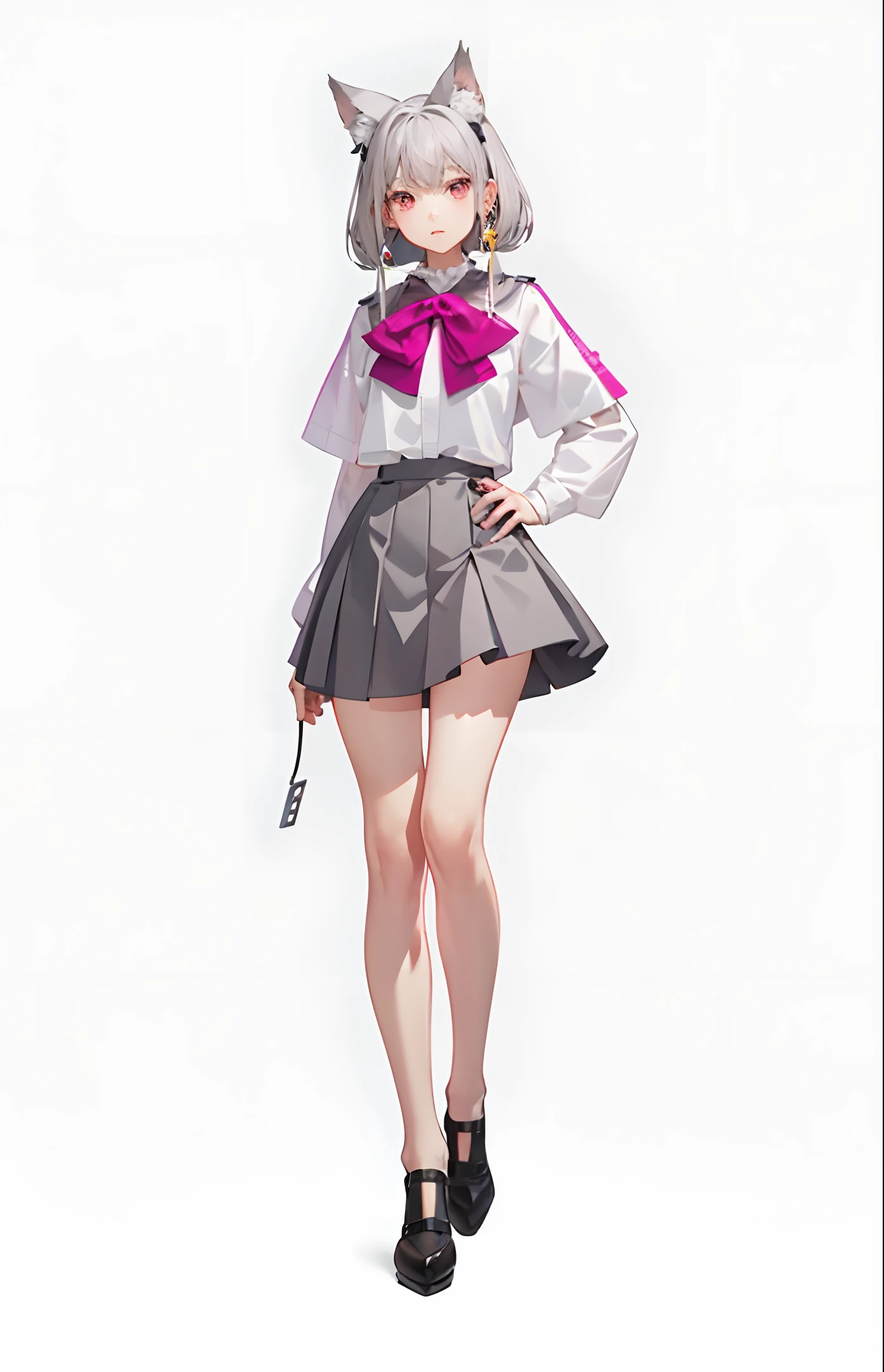 Front of body, full body, pink eyes, white background, gray hair, earrings, short skirt, upright, droopy hands, headlights, animal ears, medium bust, cute, dull hair, hairpins, girl