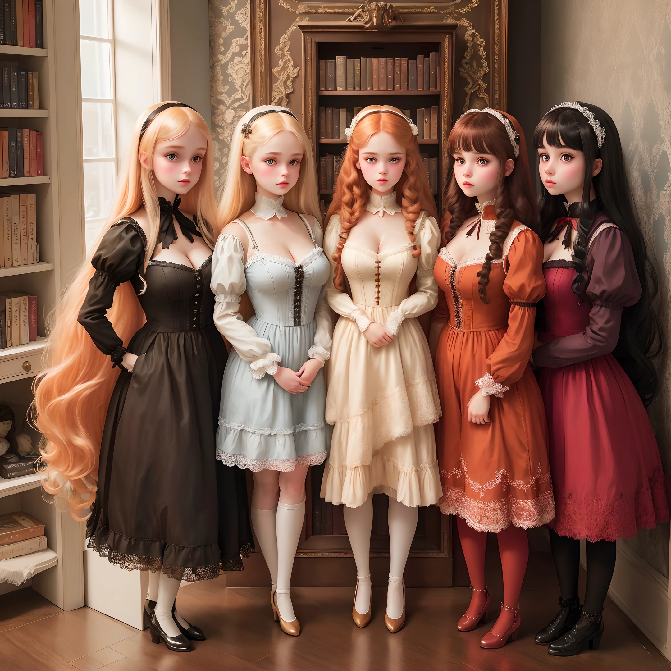 five human sized dolls looking like eighteen year old girls, lined up, on display against a bookcase full of books, in a mansion, cleavage, short skirts, wearing doll clothing, wearing doll makeup, fine details, realistic noses, beautiful eyes, realistic faces, blank expressions, looking straight ahead, blonde hair, brown hair, black hair, red hair