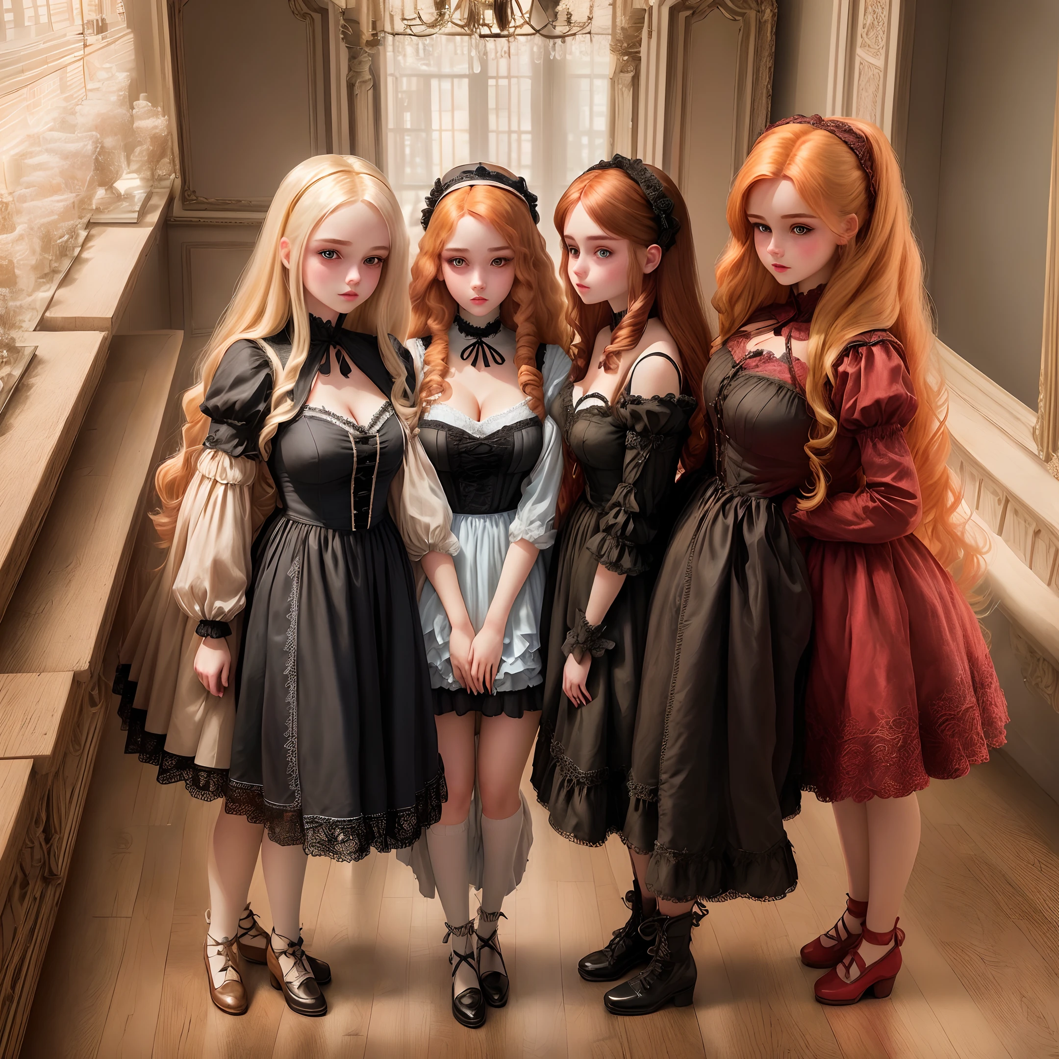 five human sized dolls looking like eighteen year old girls, lined up, on display against a bookcase full of books, in a mansion, cleavage, short skirts, wearing doll clothing, wearing doll makeup, fine details, realistic noses, beautiful eyes, realistic faces, blank expressions, looking straight ahead, blonde hair, brown hair, black hair, red hair
