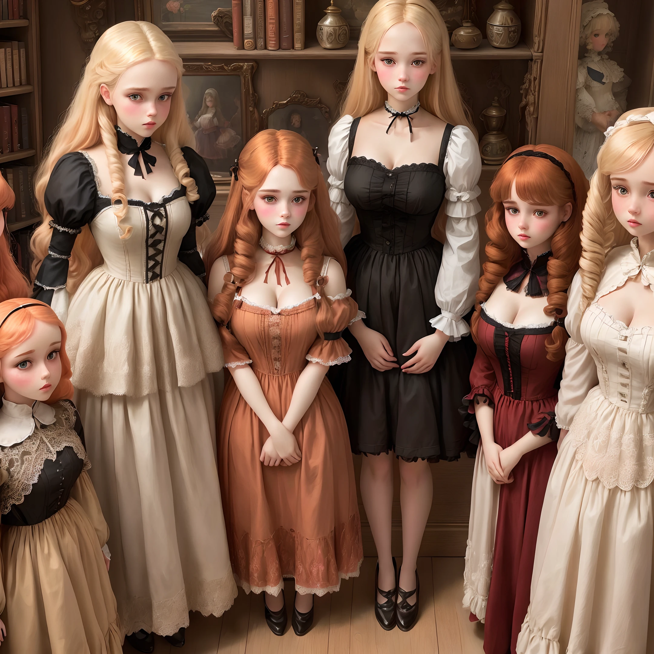 five human sized dolls looking like eighteen year old girls, lined up, on display against a bookcase full of books, in a mansion, cleavage, short skirts, wearing doll clothing, wearing doll makeup, fine details, realistic noses, beautiful eyes, realistic faces, blank expressions, looking straight ahead, blonde hair, brown hair, black hair, red hair