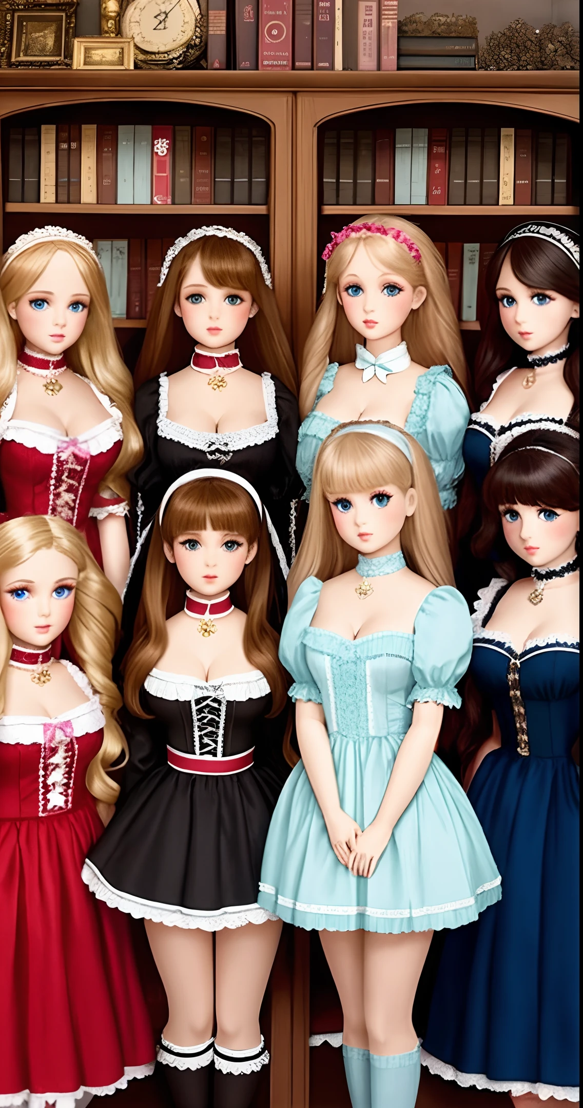 five human sized dolls looking like  girls, lined up, on display against a bookcase full of books, in a mansion, cleavage, short skirts, wearing doll clothing, wearing doll makeup, fine details, realistic noses, beautiful eyes, realistic faces, blank expressions, looking straight ahead, blonde hair, brown hair, black hair, red hair