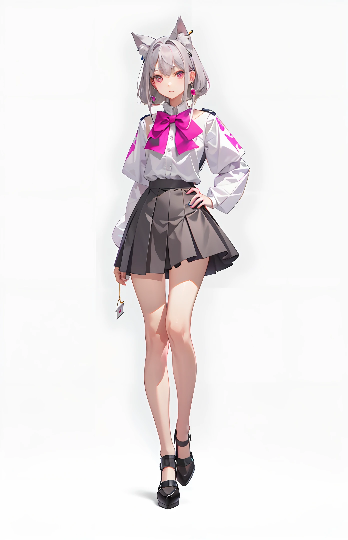 Front of body, full body, pink eyes, white background, gray hair, earrings, short skirt, upright, droopy hands, headlights, animal ears, medium bust, cute, dull hair, hairpins, teenage girl