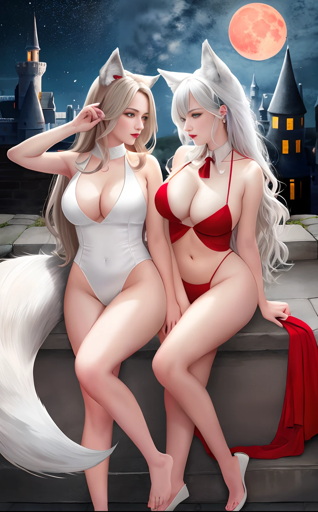 “This is a high-quality masterpiece with a resolution of 8k (stability: 1.37), with beautiful Unity CG 8k wallpaper, and an incredible level of detail. Inspired by professional photography, it depicts an exquisitely beautiful woman in a sharp wolf grey suit, red tie, ruby lips, silver hair, wolf ears, wolf claws (Claws: 1.8), and a wolf tail (tail: 1.5). The scene features a blood moon, a castle, and the night sky. It's a full-body shot of eye contact, exuding charm and strength.”