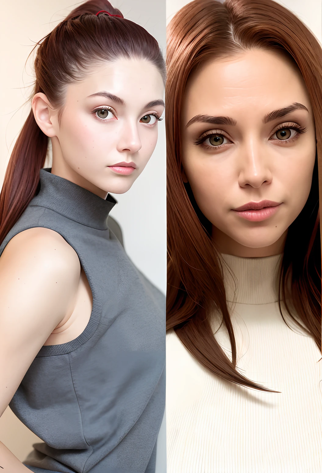 A well-groomed, tall woman with light brown eyes, dark red hair, a ponytail, and a good-looking woman