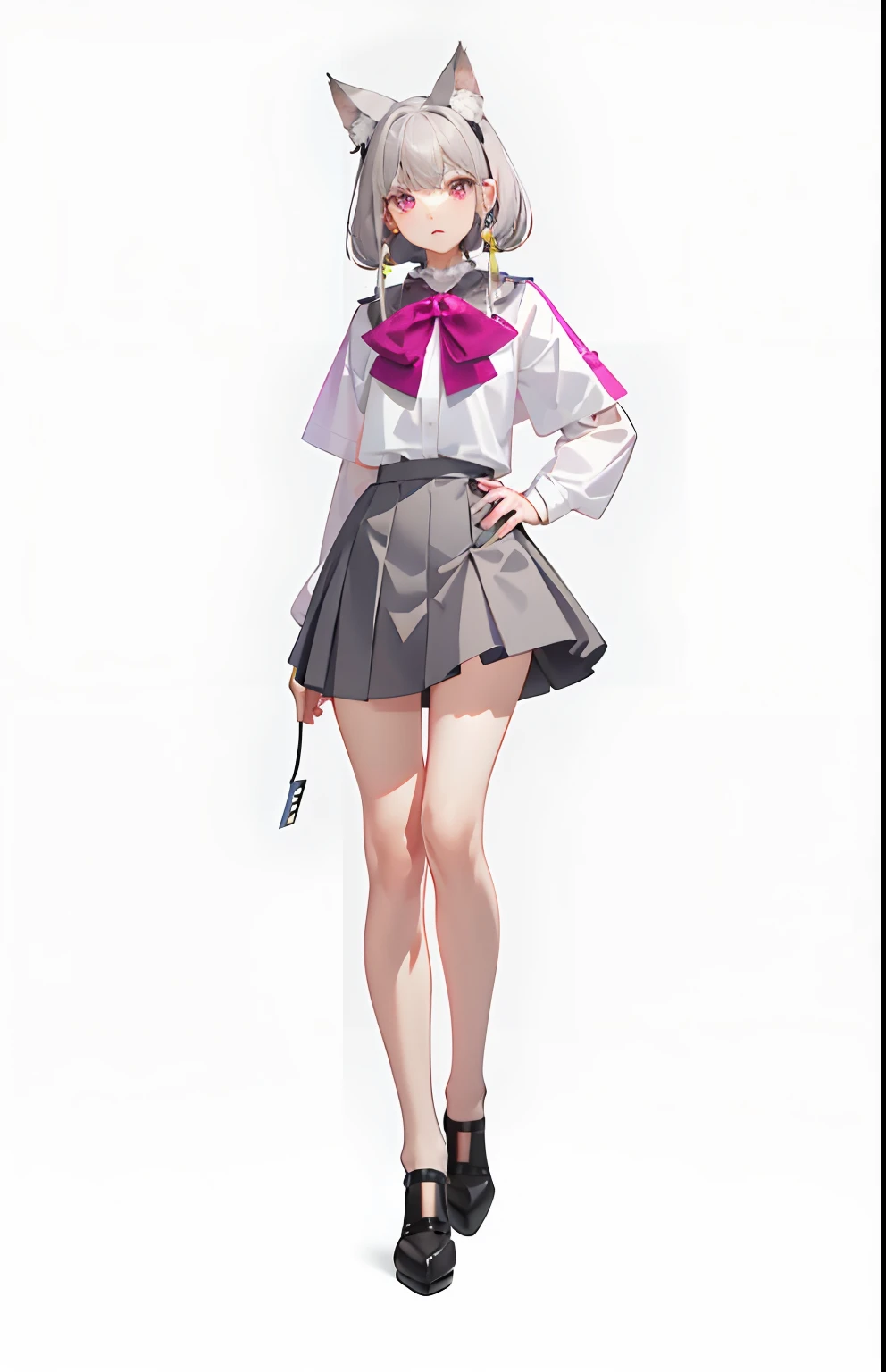  Front of body, full body, pink eyes, white background, gray hair, earrings, short skirt, upright, droopy hands, headlights, animal ears, medium bust, cute, dull hair, hairpins, teenage girl