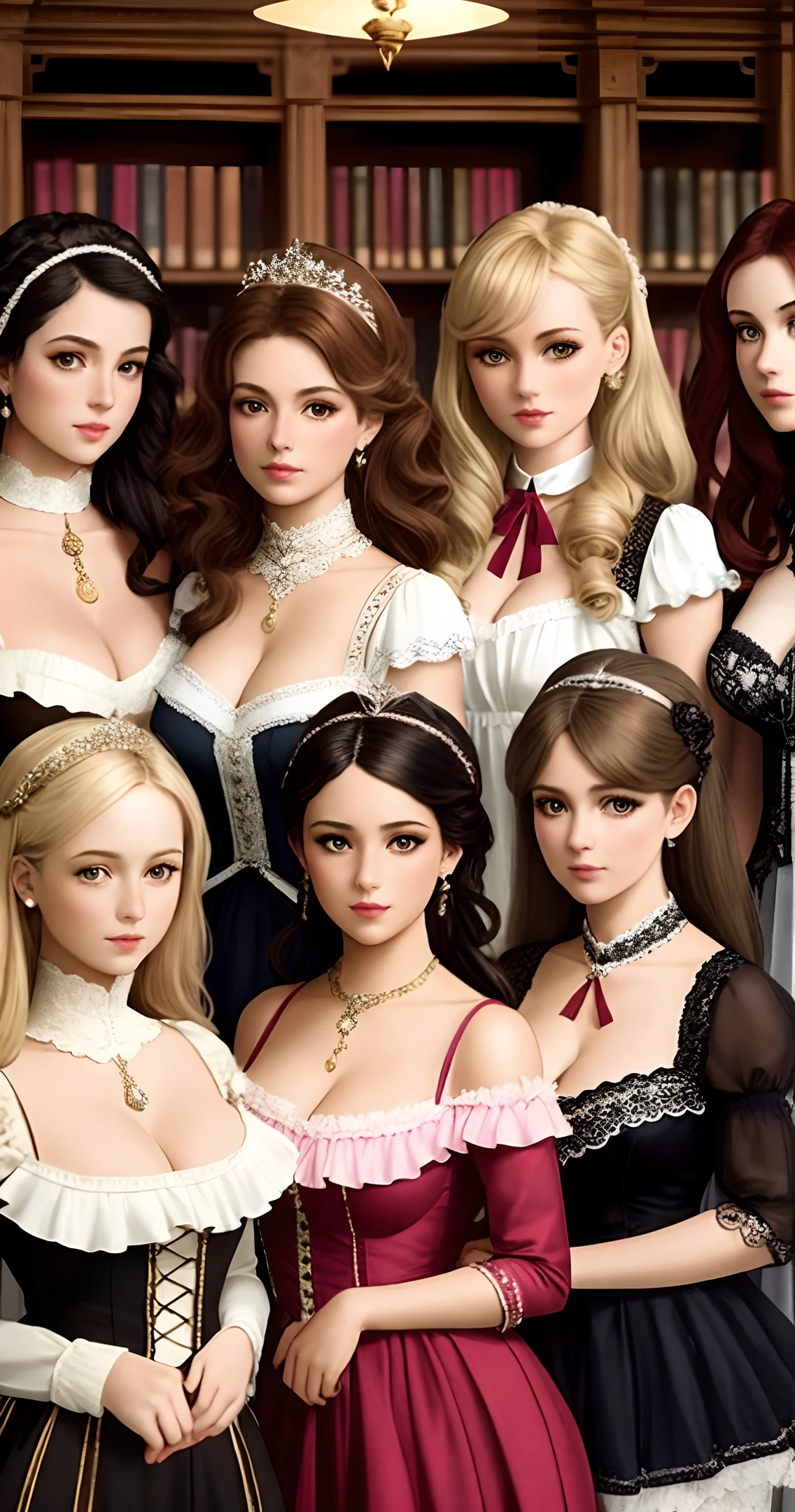 five eighteen year old girls, lined up, on display against a bookcase full of books, in a mansion, cleavage, short skirts, wearing doll clothing, wearing doll makeup, fine details, realistic noses, beautiful eyes, realistic faces, blank expressions, looking straight ahead, blonde hair, brown hair, black hair, red hair, soft lighting, realistic lighting, photorealistic, delicate, soft esthetic 