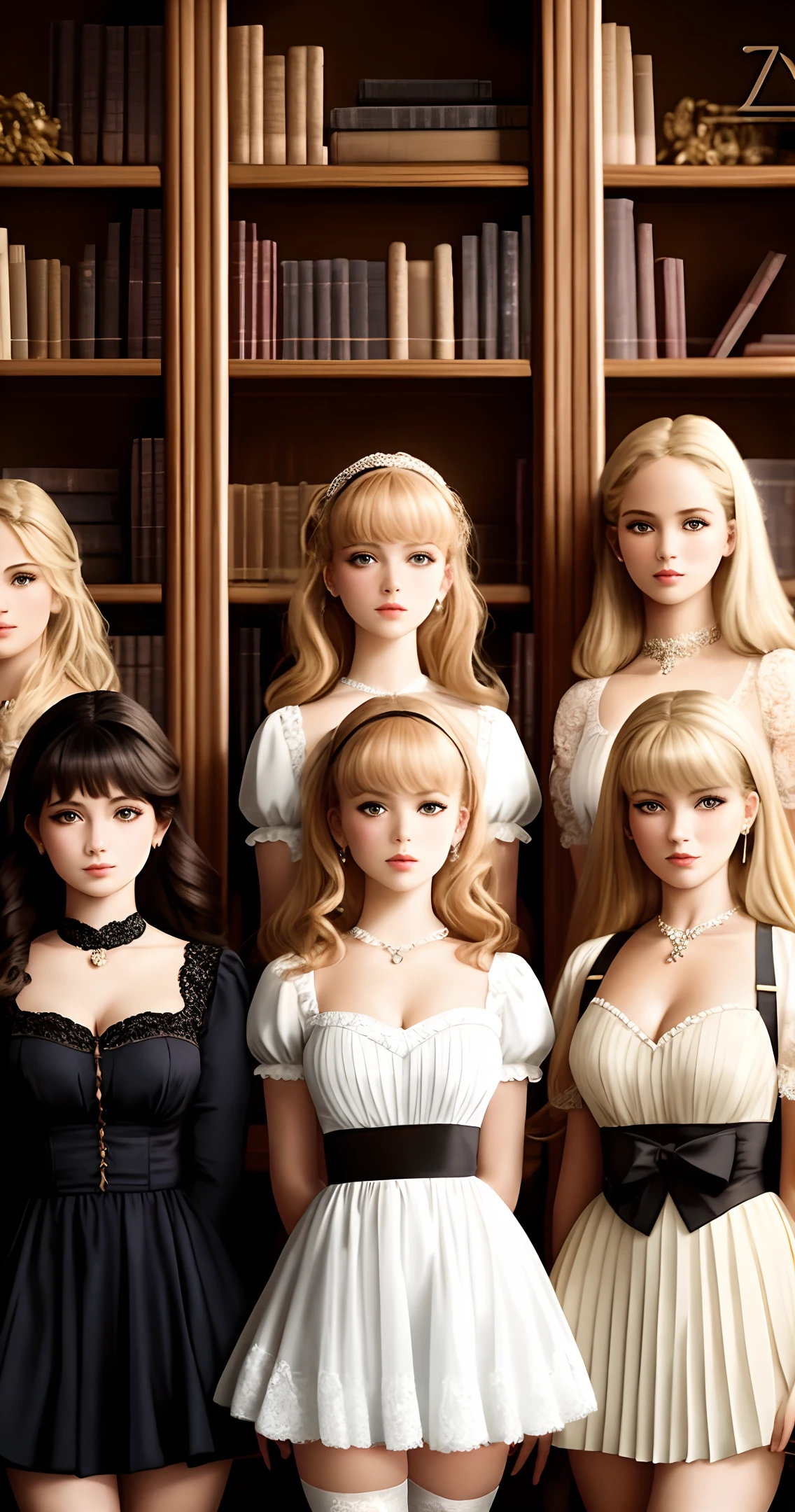 five eighteen year old girls, lined up, on display against a bookcase full of books, in a mansion, cleavage, short skirts, wearing doll clothing, wearing doll makeup, fine details, realistic noses, beautiful eyes, realistic faces, blank expressions, looking straight ahead, blonde hair, brown hair, black hair, red hair, soft lighting, realistic lighting, photorealistic, delicate, soft esthetic