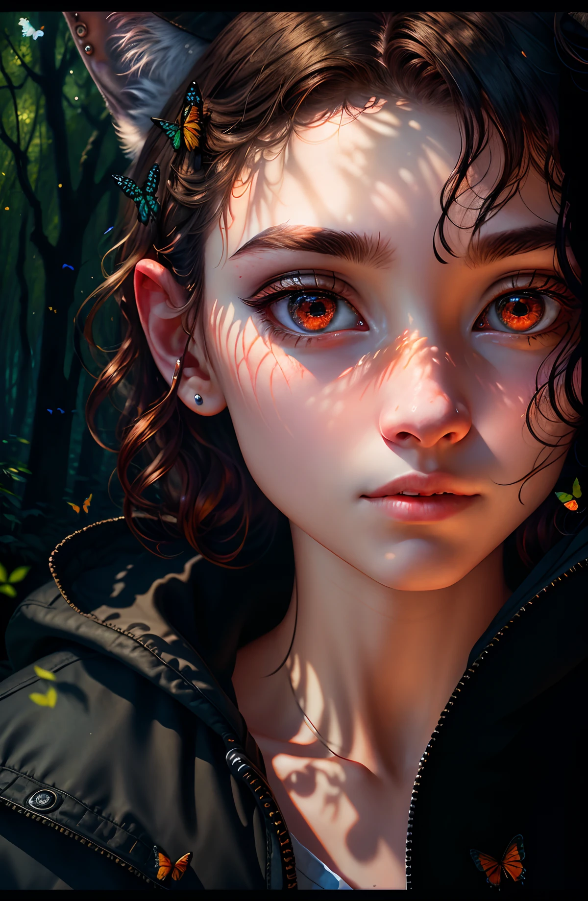 (close-up)), (1 teenager)) in rags with (1 wolf cub)) in the hands of a boy, (night), (full moon), masterpiece, high quality, solo focus, (total: 1.04), (red eyes:1.1), whole body, at a high angle, (perfect face: 1.1) complex (high detail: 1.1) body, closed navel, closed, eyes up, extremely detailed eyes and face, piercing gaze, big eyes, forest in the background, dense forest, butterflies, fireflies, stock photography film nikon d850 4 kodak portra 400 camera f1.6 lens rich colors hyperrealistic texture dramatic unreal engine lighting is trending at Artstation Synestill 800